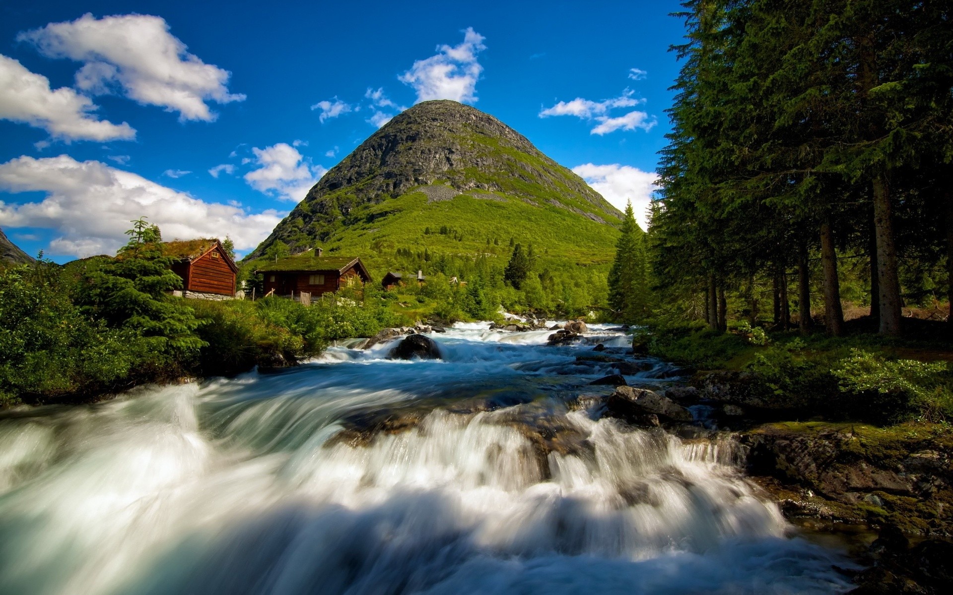 General 1920x1200 nature landscape clouds Norway stream trees forest rocks stones water