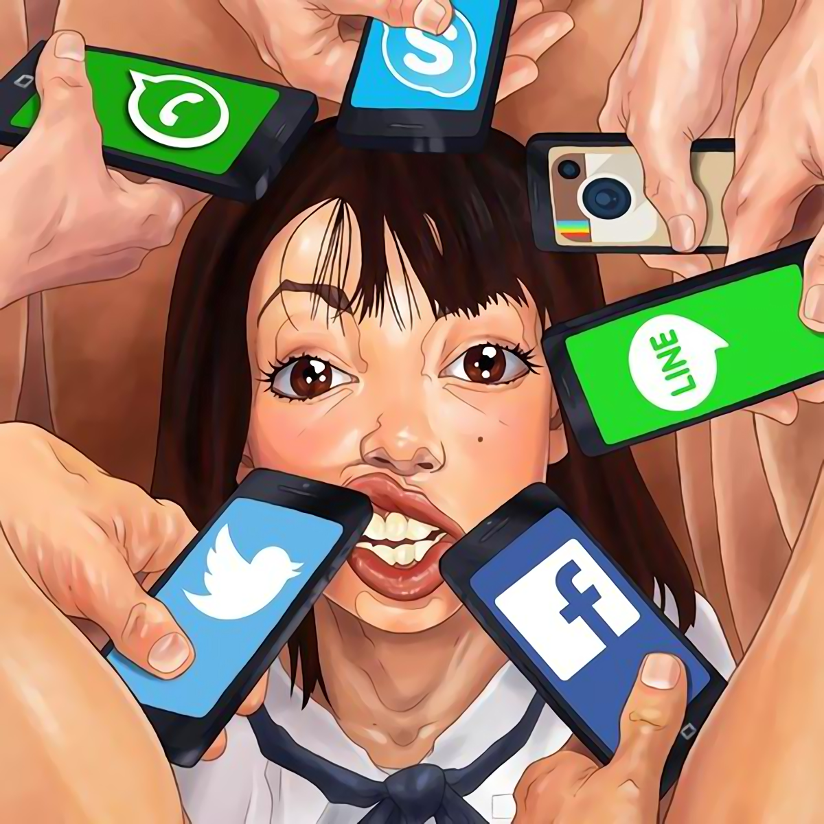 Anime 1200x1200 artwork anime girls anime social media face open mouth brunette women looking at viewer suggestive smartphone technology phallic symbol portrait application