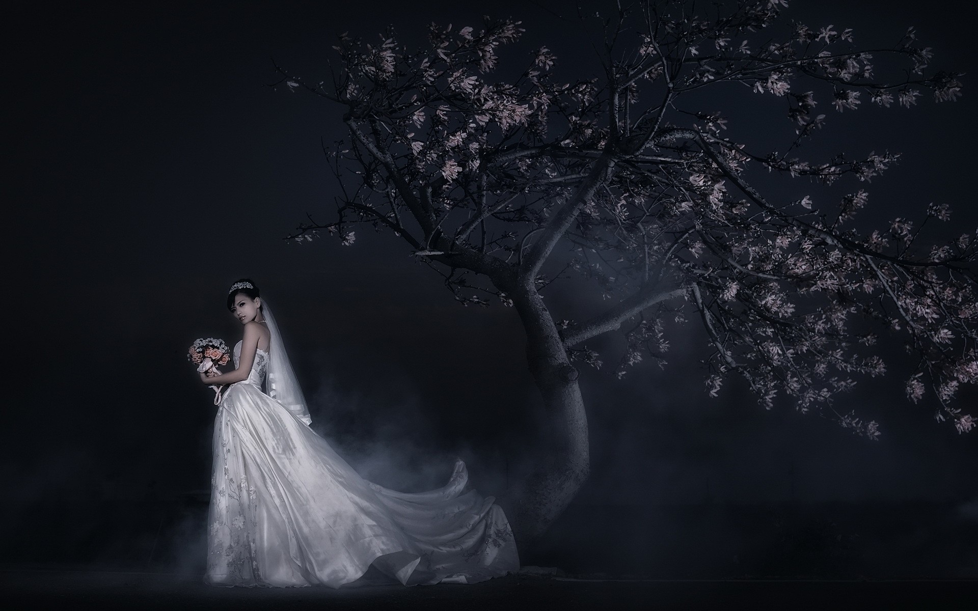People 1920x1200 women model brides dark fantasy girl trees Asian white dress flowers women outdoors