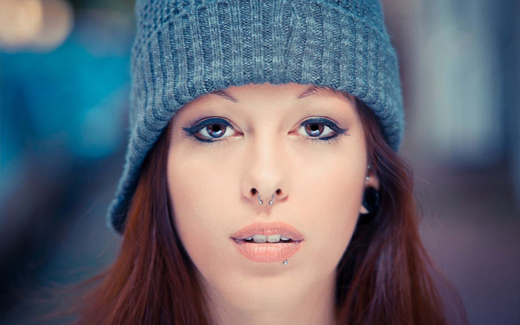 People 1680x1050 women face model closeup piercing wool cap hat women with hats makeup dyed hair looking at viewer nose ring