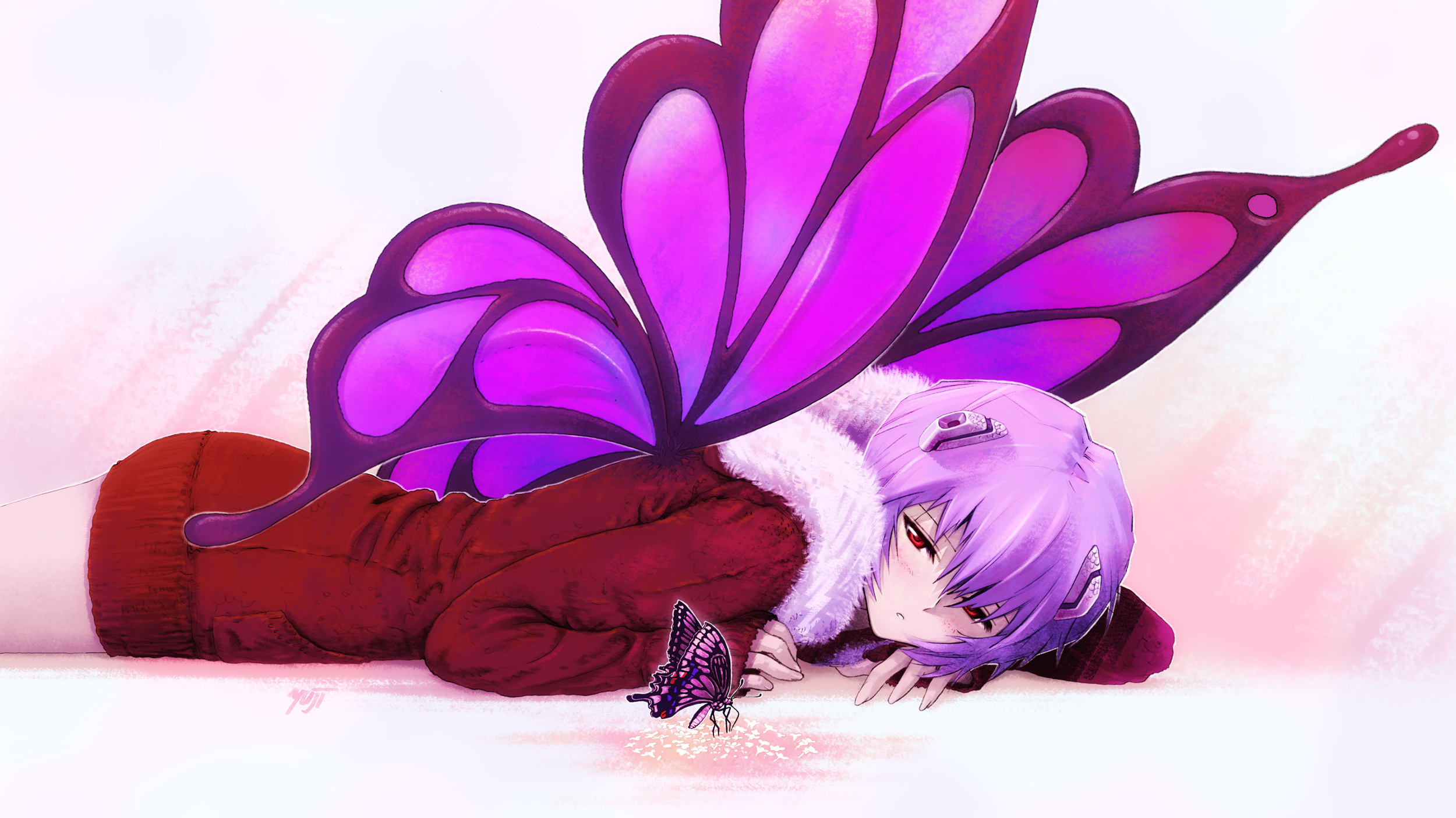 Anime 2500x1406 anime girls artwork Neon Genesis Evangelion Ayanami Rei white background simple background purple hair red eyes butterfly animals insect lying on front wings red clothing anime