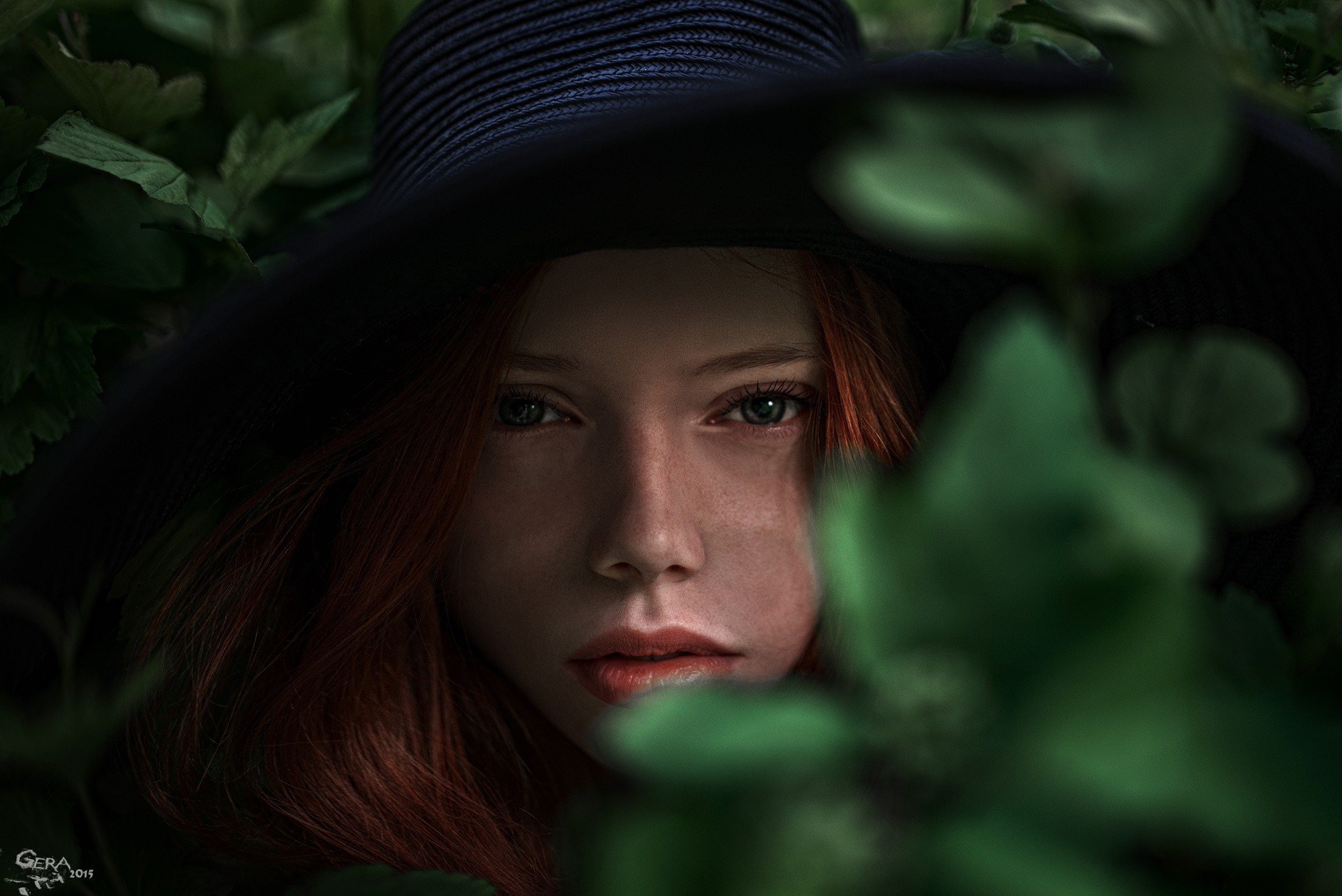People 2048x1367 women face portrait hat leaves redhead Georgy Chernyadyev women with hats 2015 (Year) plants model looking at viewer dyed hair red lipstick