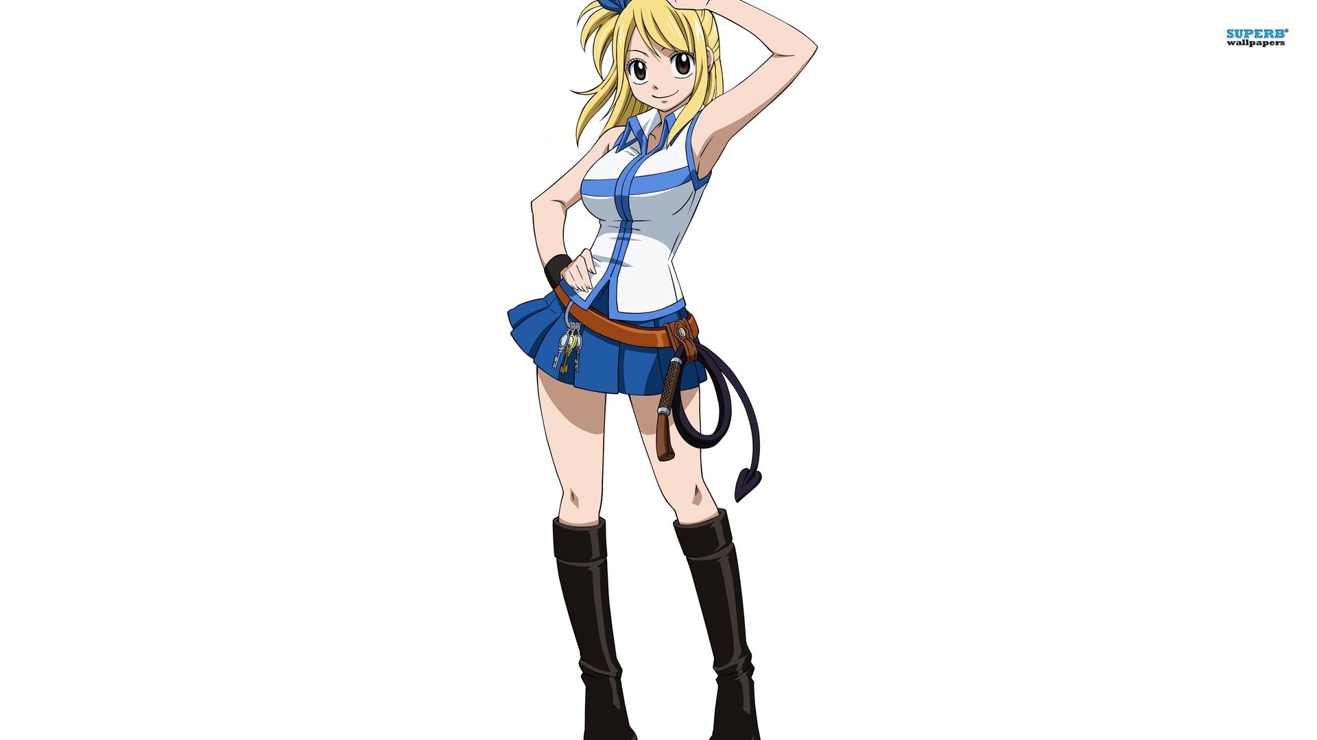 Anime 1920x1080 anime Fairy Tail Heartfilia Lucy  anime girls boobs miniskirt white background simple background blonde arms up standing looking at viewer smiling