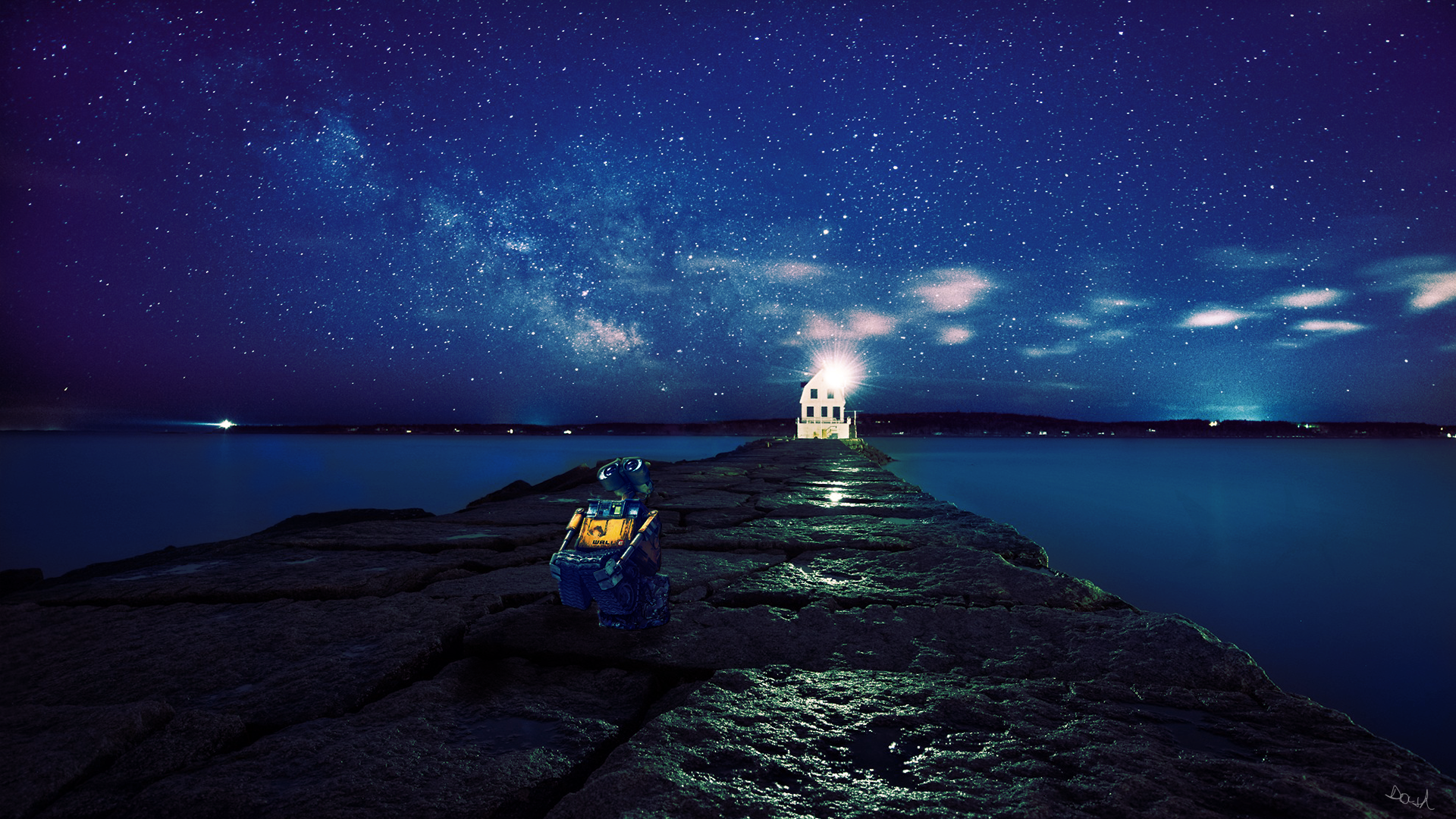 General 1920x1080 landscape star trails house water WALL-E blue pier stars starred sky night