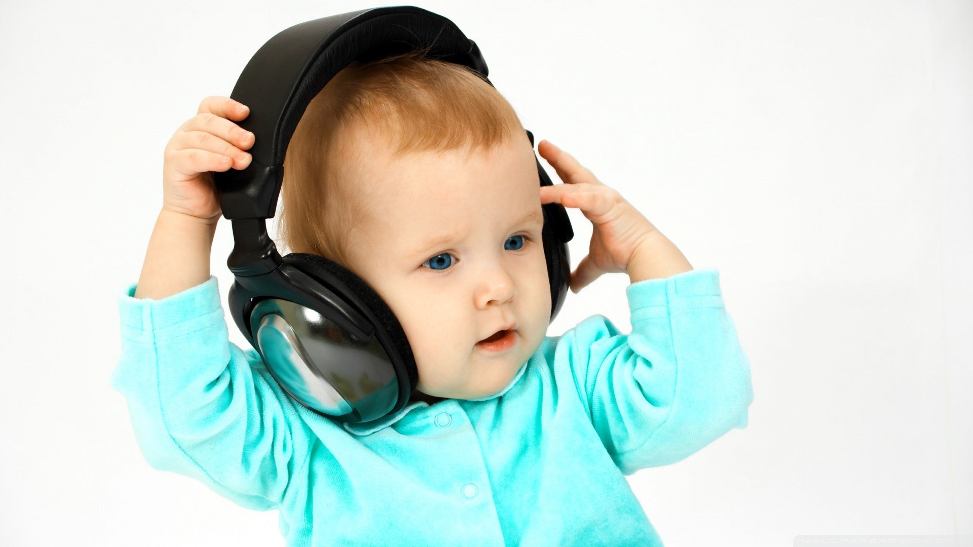 People 1920x1080 children baby headphones cyan white background blue eyes