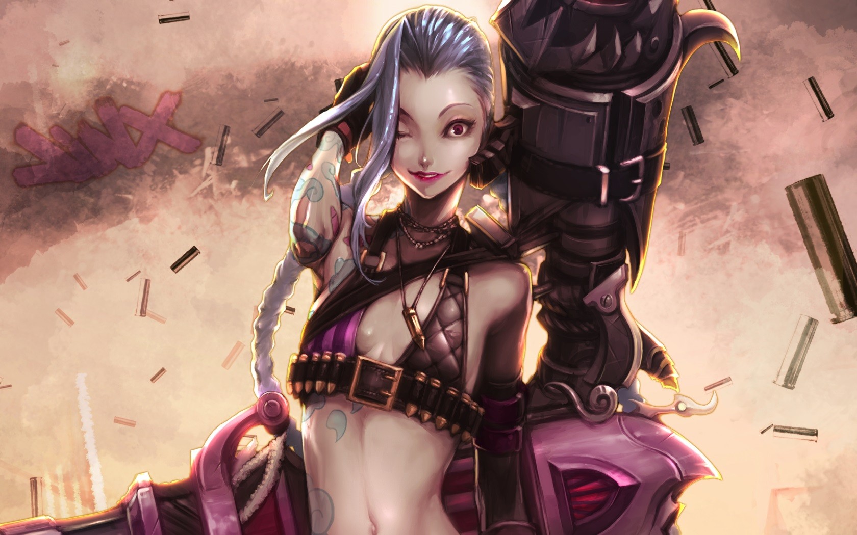 General 1680x1050 League of Legends Jinx (League of Legends) anime girls PC gaming video game girls belly one eye closed video game characters lipstick inked girls red eyes
