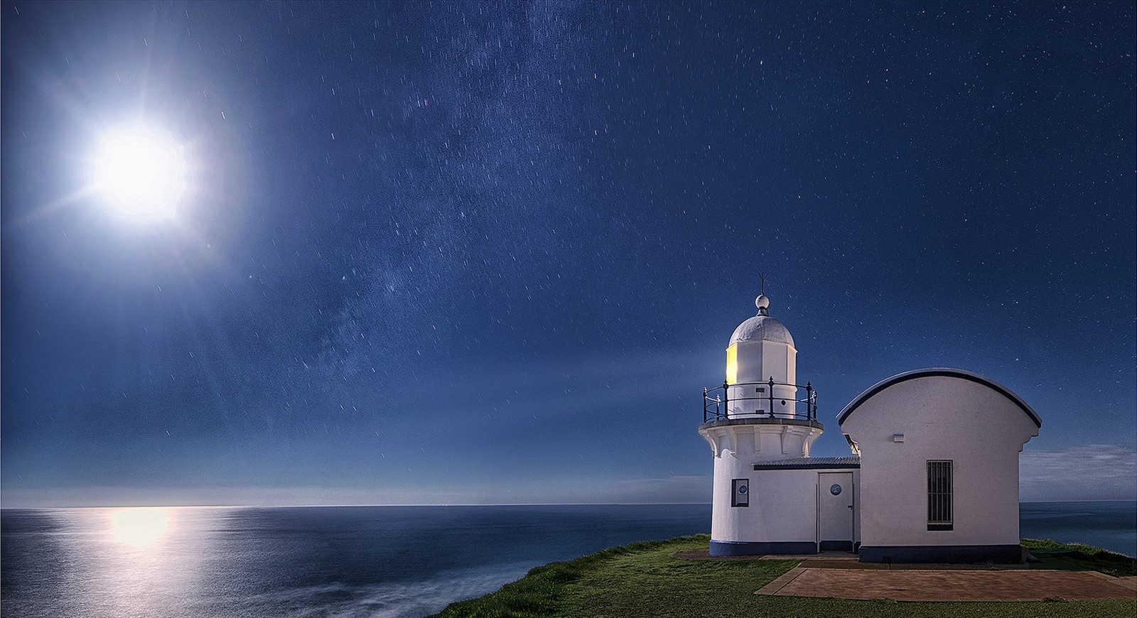 General 1600x870 Moon starry night sea moonlight reflection lighthouse space blue nature landscape