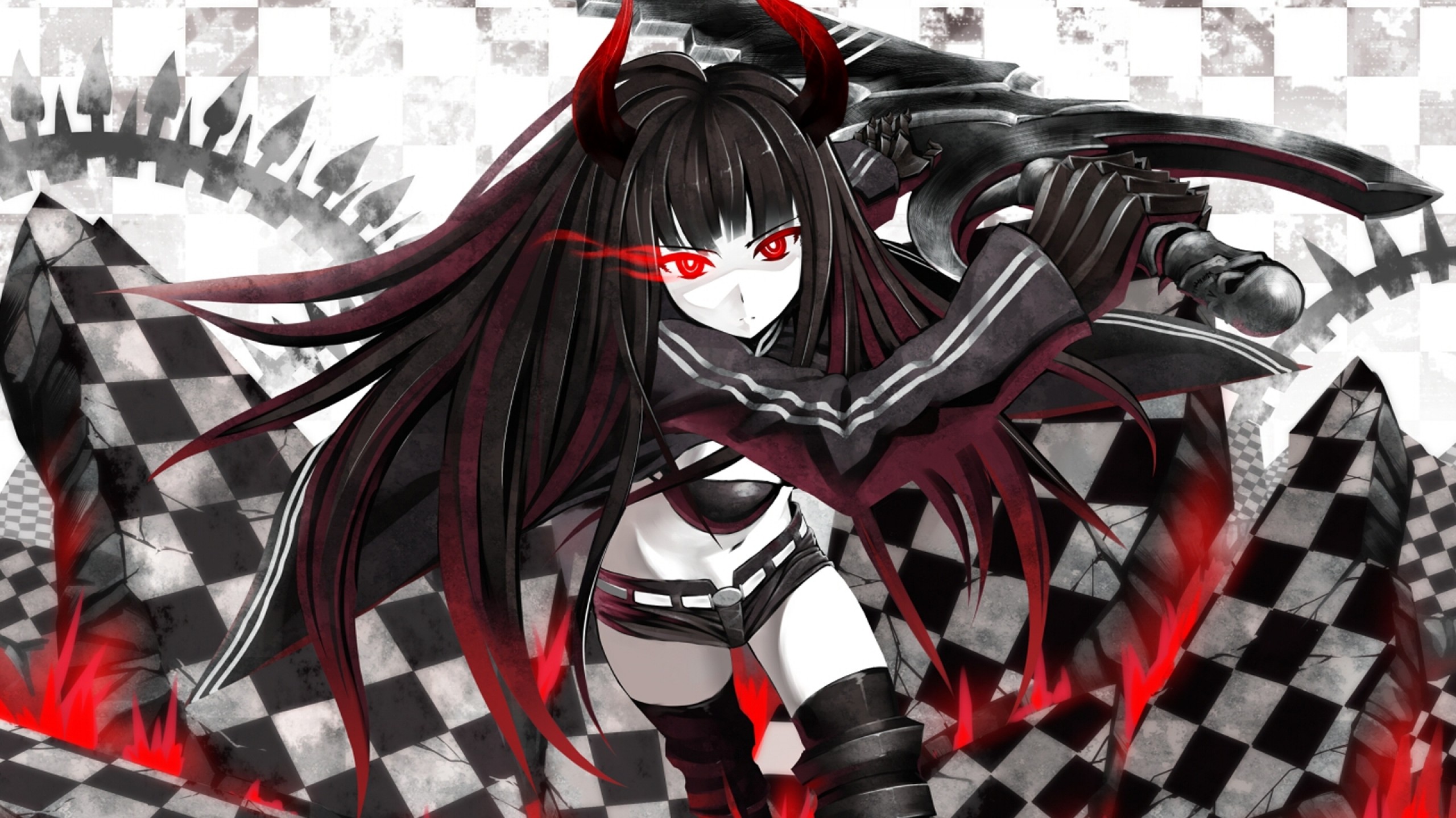 Anime 2560x1440 anime girls anime Black Rock Shooter Black Gold Saw women with swords red eyes brunette looking at viewer belly bra pants sword long hair