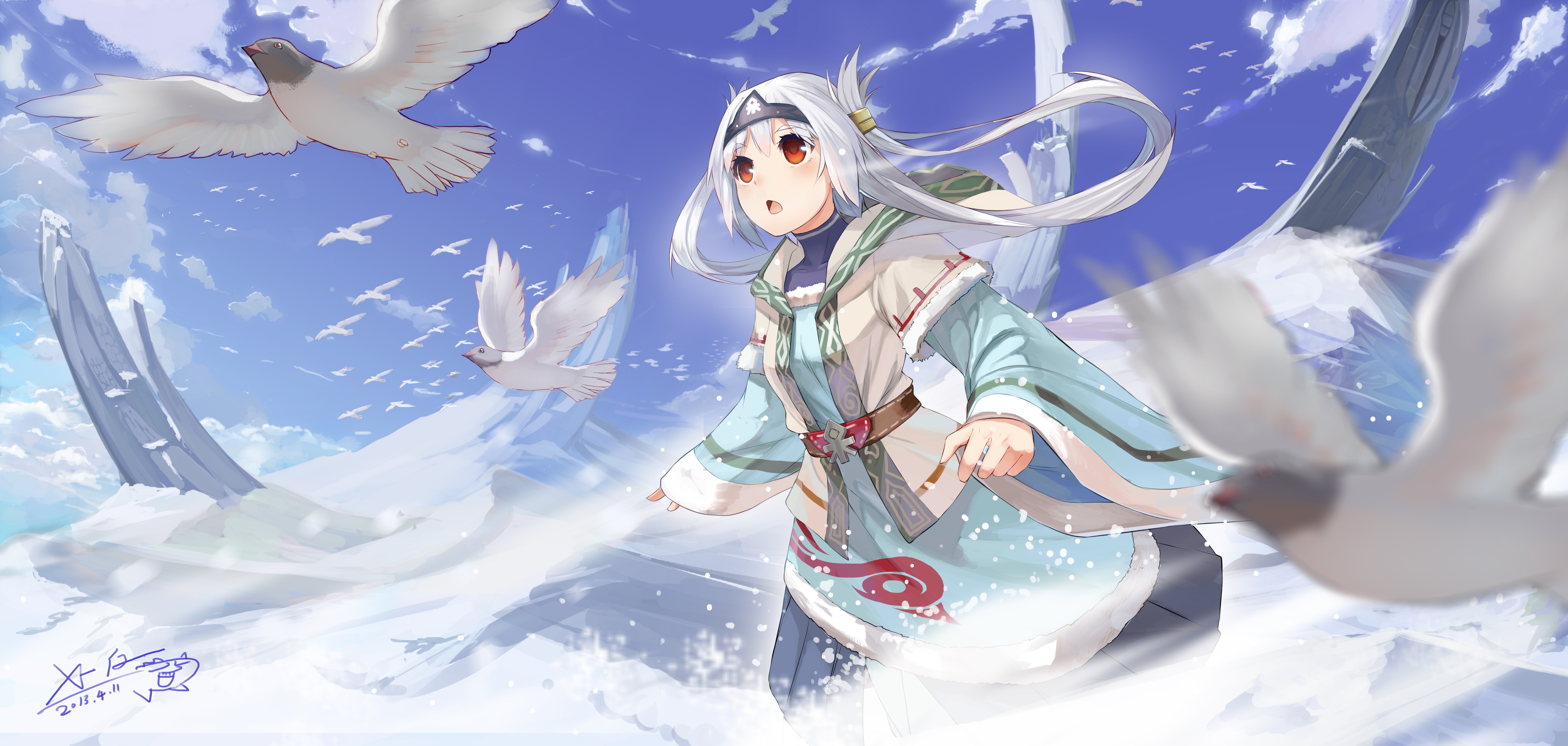 Anime 6721x3200 X-boy anime girls snow birds anime animals sky fantasy art fantasy girl