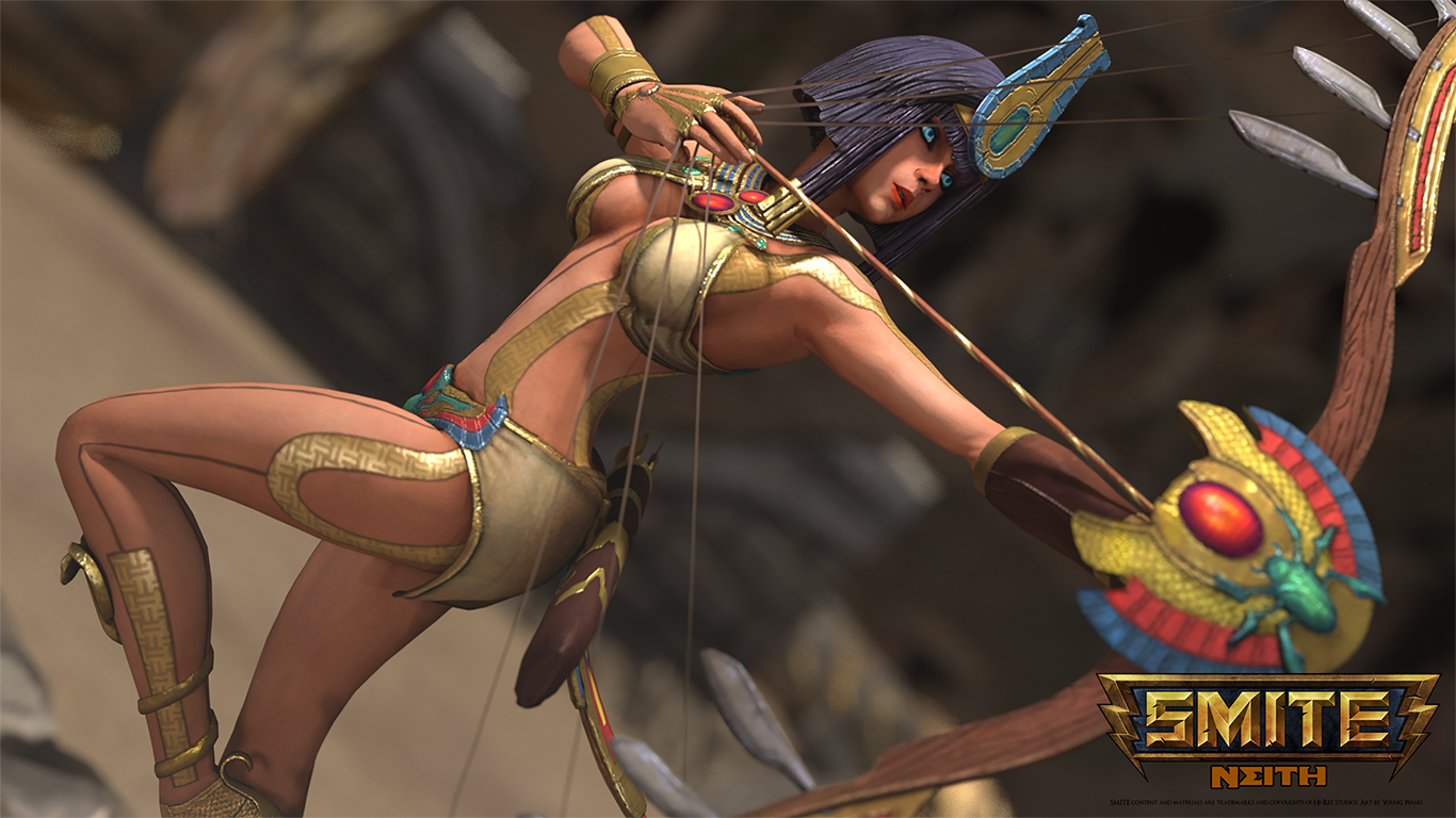 General 1366x768 Smite fantasy girl boobs blue eyes PC gaming video games video game girls Arrow (TV series) bow archer