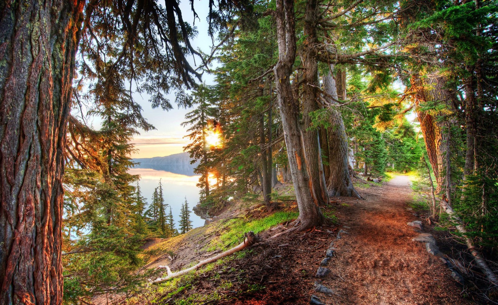 General 1600x981 forest path crater lake trees lake HDR sunset hills nature landscape