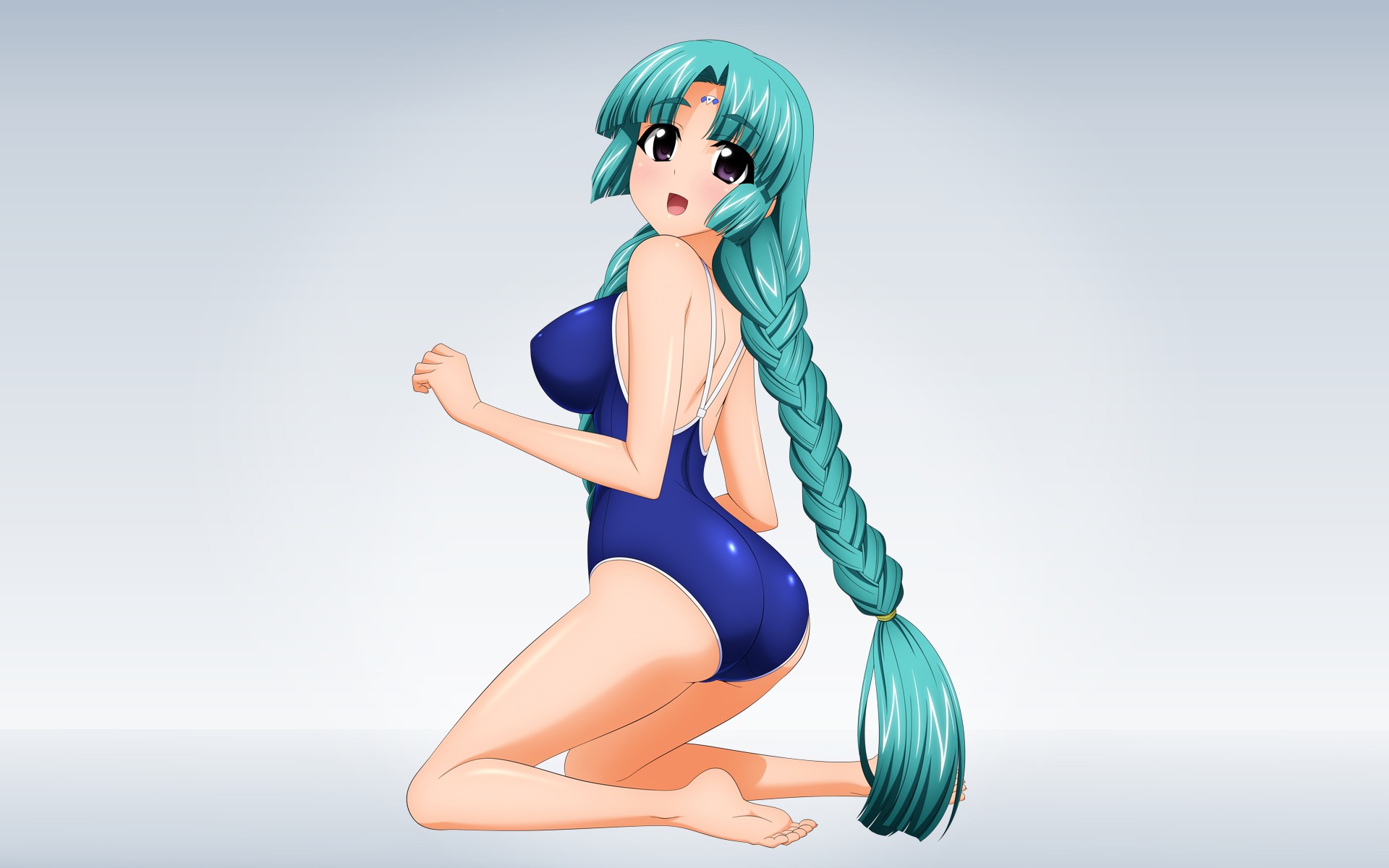 Anime 1920x1200 anime ass boobs big boobs turquoise hair long hair simple background kneeling barefoot open mouth one-piece swimsuit Lost Universe Canal Volphied