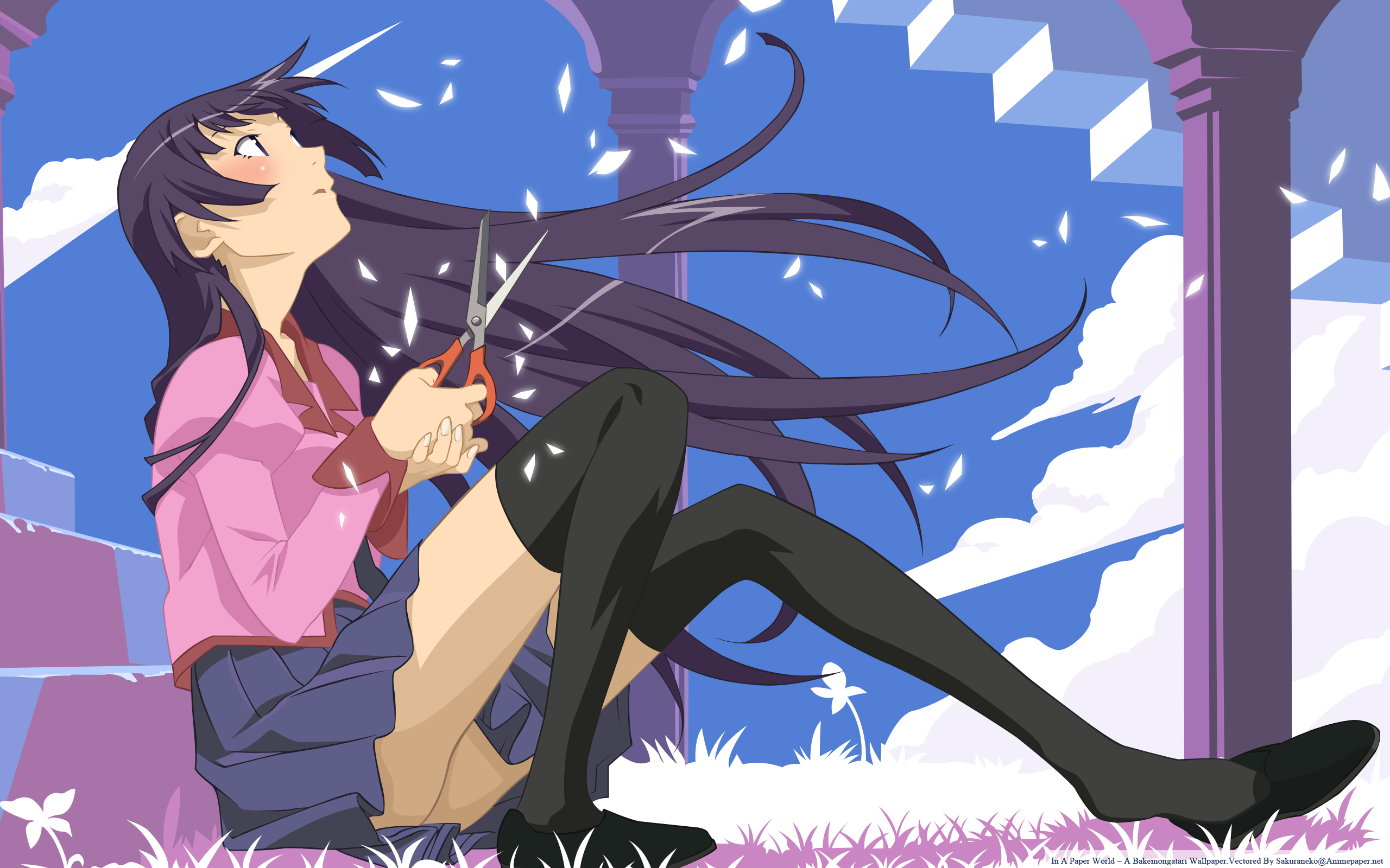 Anime 2560x1600 anime girls Monogatari Series anime scissors legs stockings sitting purple hair looking up long hair school uniform Watanabe Akio
