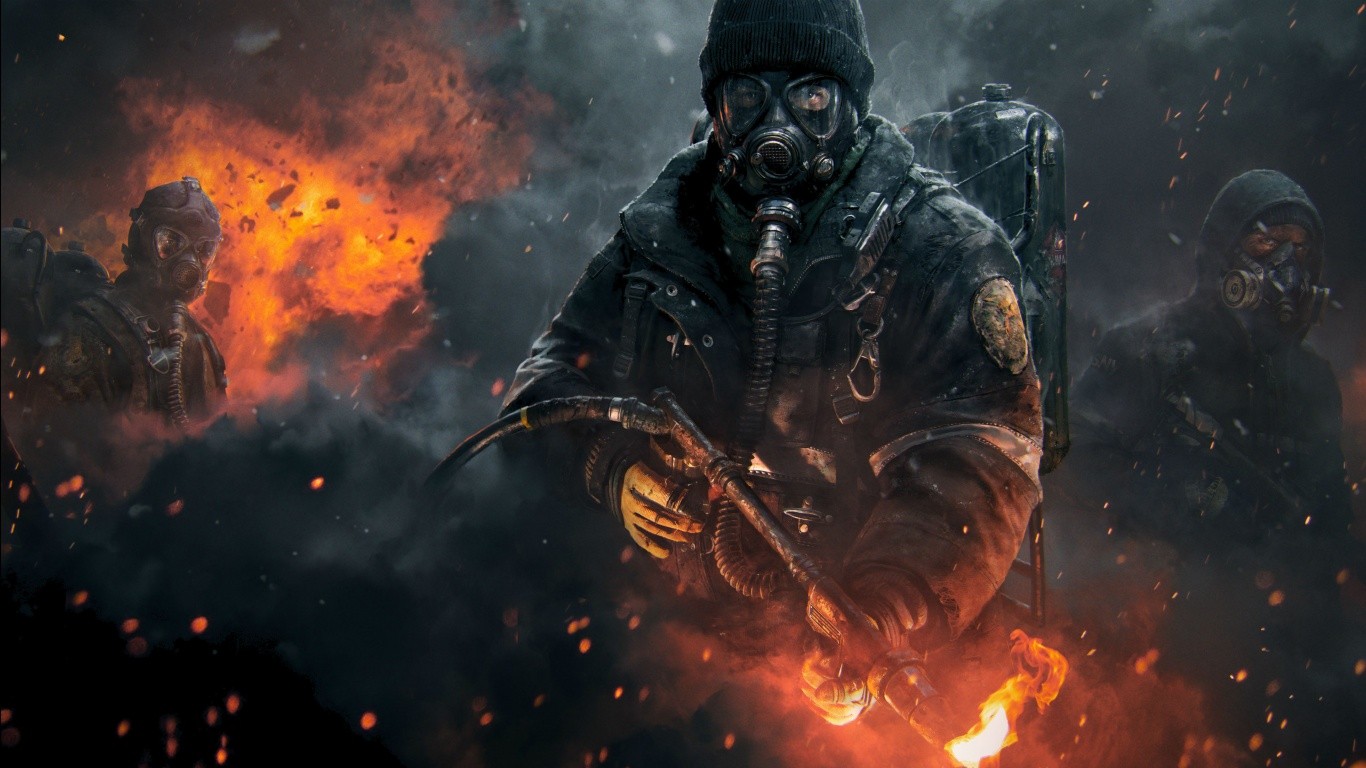General 1366x768 video games Tom Clancy's The Division PC gaming video game art fire flamethrower gas masks