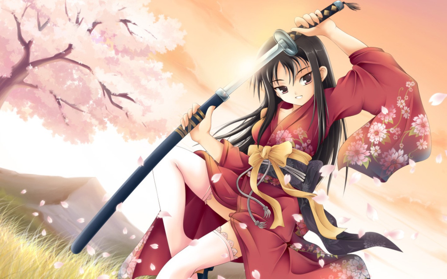Anime 1440x900 anime girls warrior thigh-highs traditional clothing sword anime katana women with swords weapon fantasy girl fantasy art long hair