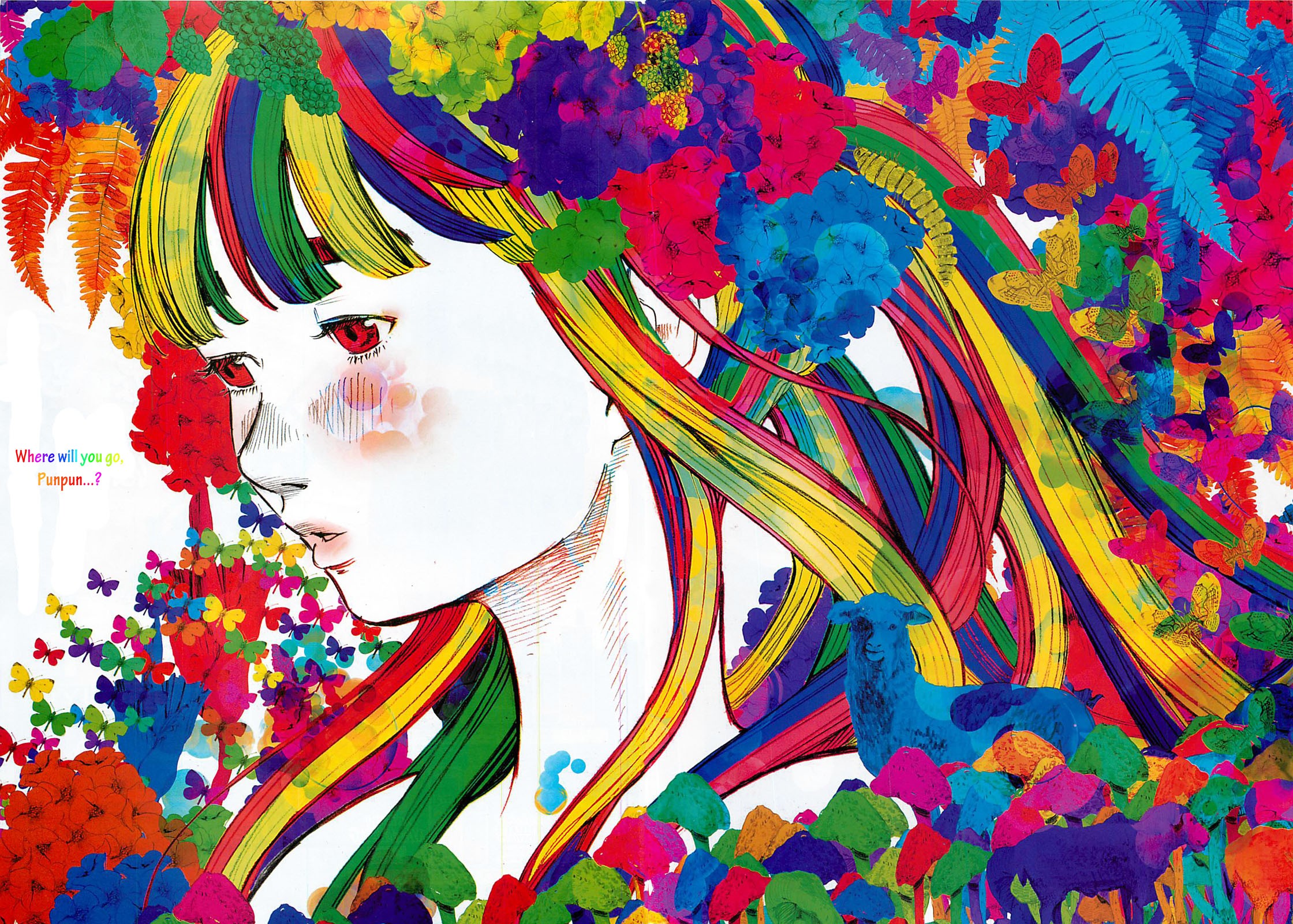 Anime 2240x1600 anime girls manga Oyasumi Punpun colorful artwork face anime red eyes long hair