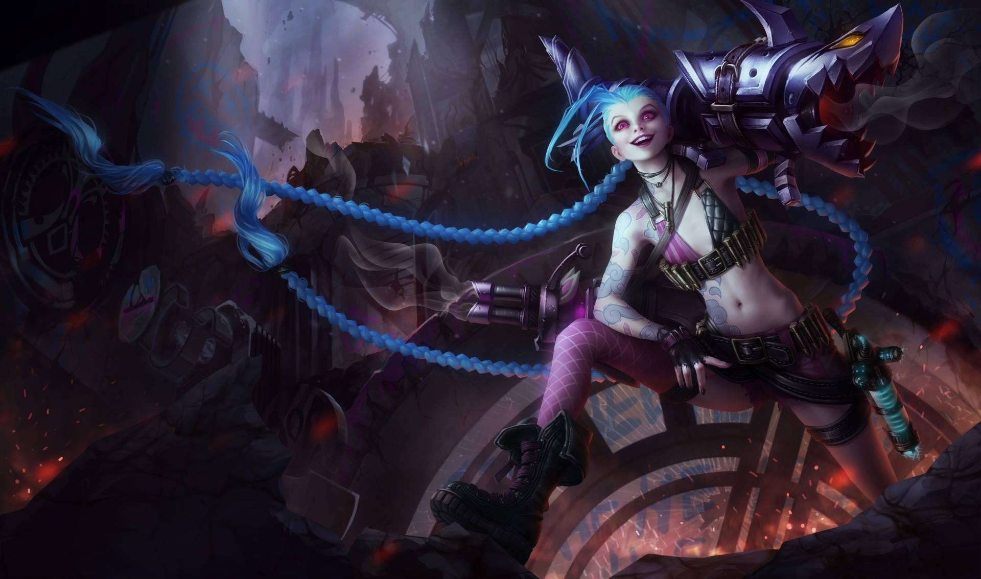 Anime 1920x1133 anime girls League of Legends Jinx (League of Legends) video games long hair blue hair PC gaming belly smiling video game art video game girls video game characters