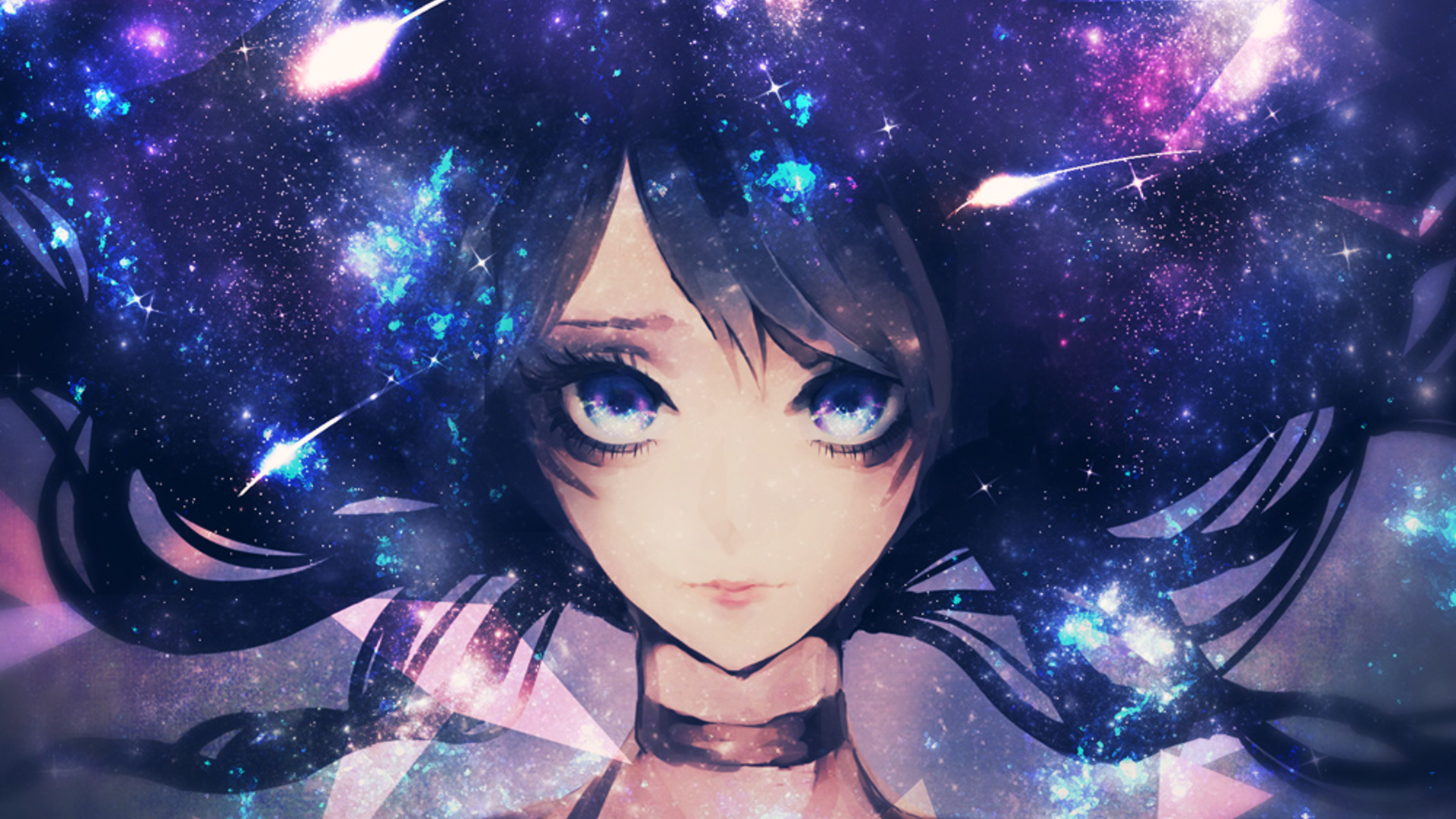 Anime 1920x1080 anime girls artwork anime face space stars closeup sky dark hair looking at viewer