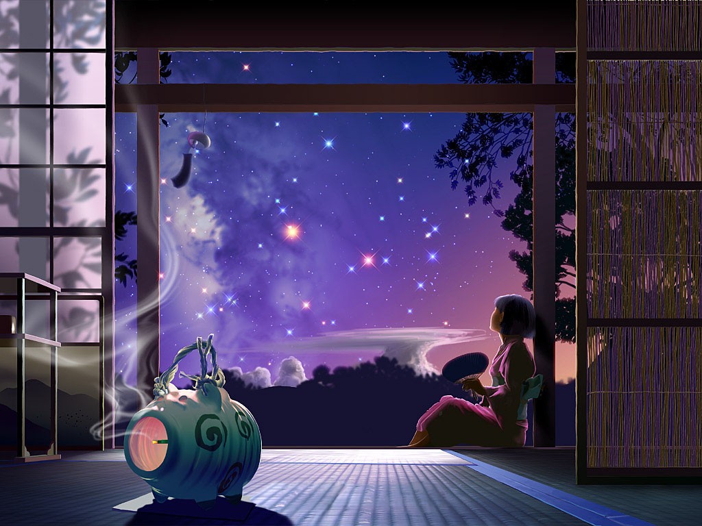 Anime 1024x768 artwork anime anime girls night sky sitting sky stars Asia