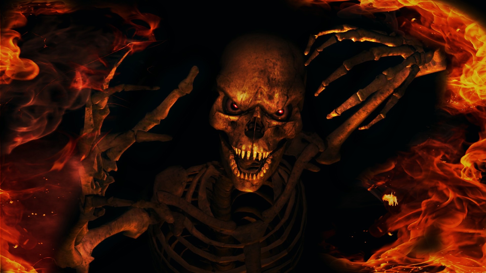 General 1920x1080 fantasy art skull dark dark fantasy skeleton bones glowing eyes looking at viewer fire