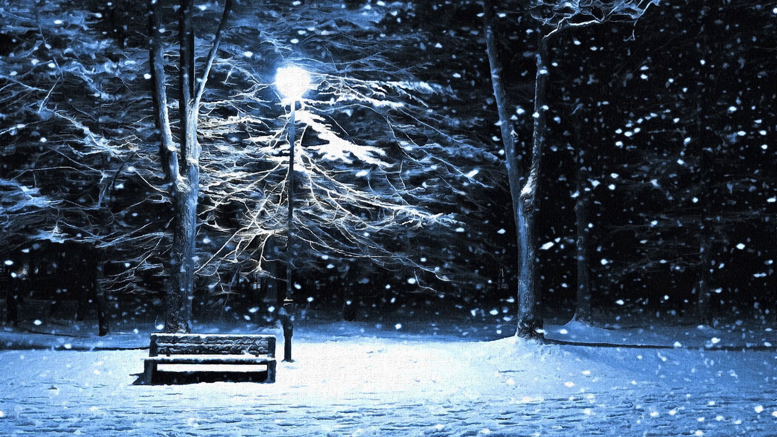 General 3200x1800 lantern artwork bench winter night cold outdoors park ice snow frost trees