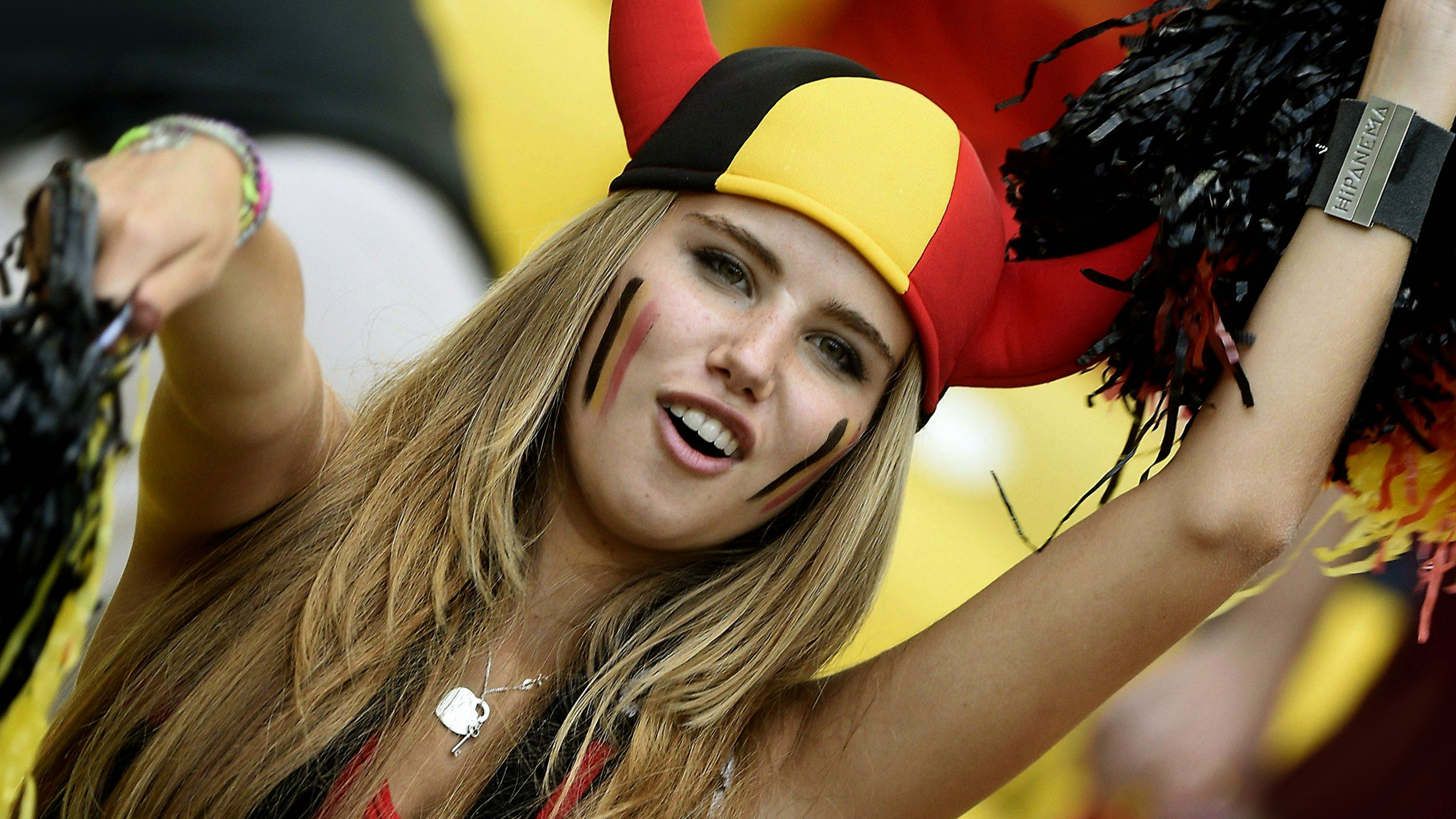 People 2562x1441 Axelle Despiegelaere FIFA World Cup women Belgium necklace hat women with hats funny hats long hair blonde open mouth arms up belgian women