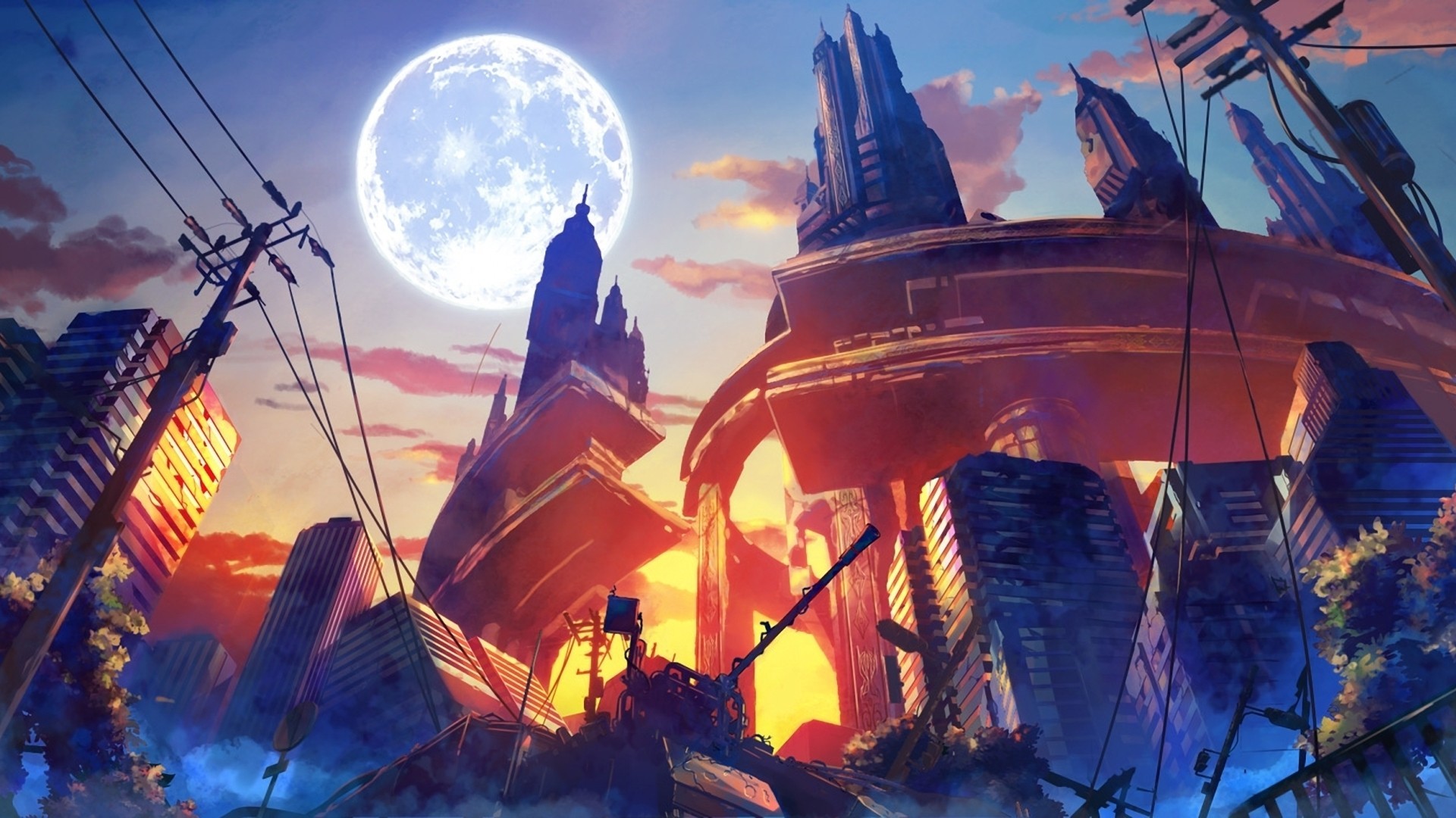 Anime 1920x1080 anime destruction artwork city Moon futuristic ruins