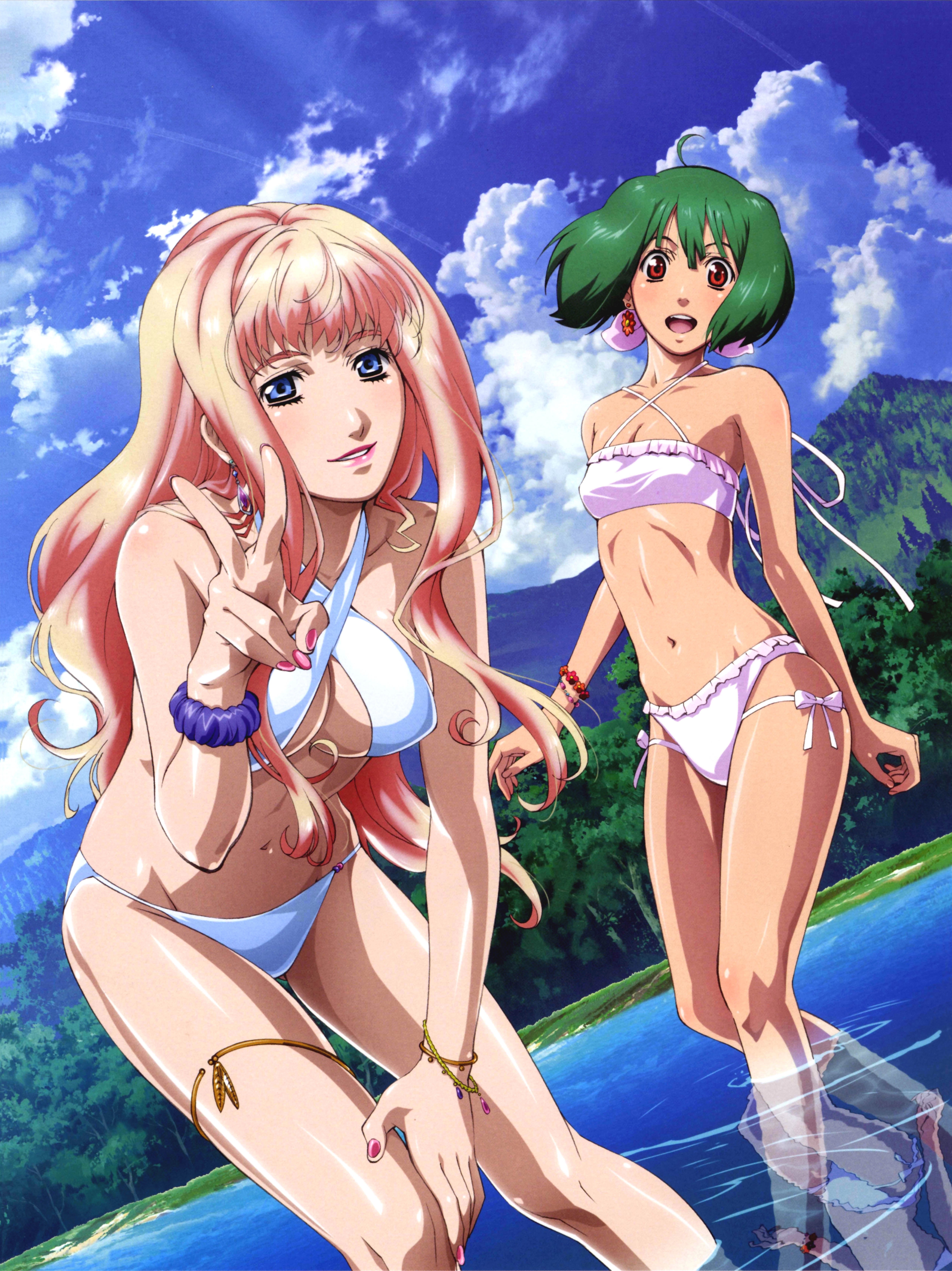 Anime 5035x6722 Macross Frontier Sheryl Nome Ranka Lee Macross anime anime girls swimwear green hair pink hair belly
