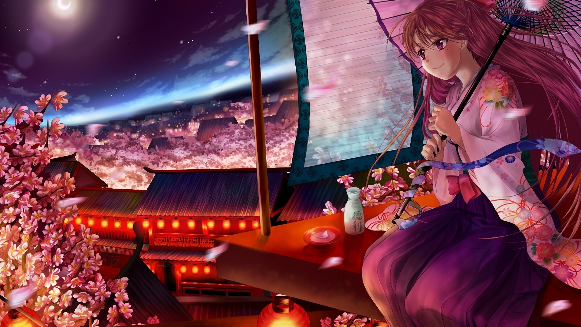 Anime 1920x1080 anime anime girls fantasy girl sitting flowers night sky fantasy art umbrella long hair