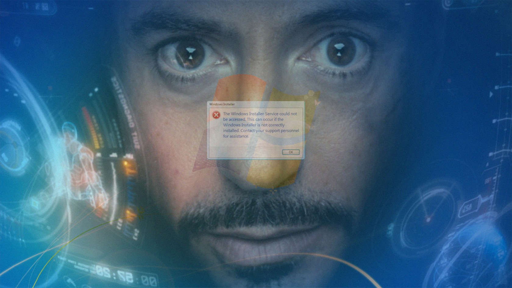 General 1680x945 Iron Man operating system errors Windows 7 humor movies Marvel Cinematic Universe Robert Downey Jr. moustache blue Blue Screen of Death face Microsoft Windows movie characters Windows Errors computer