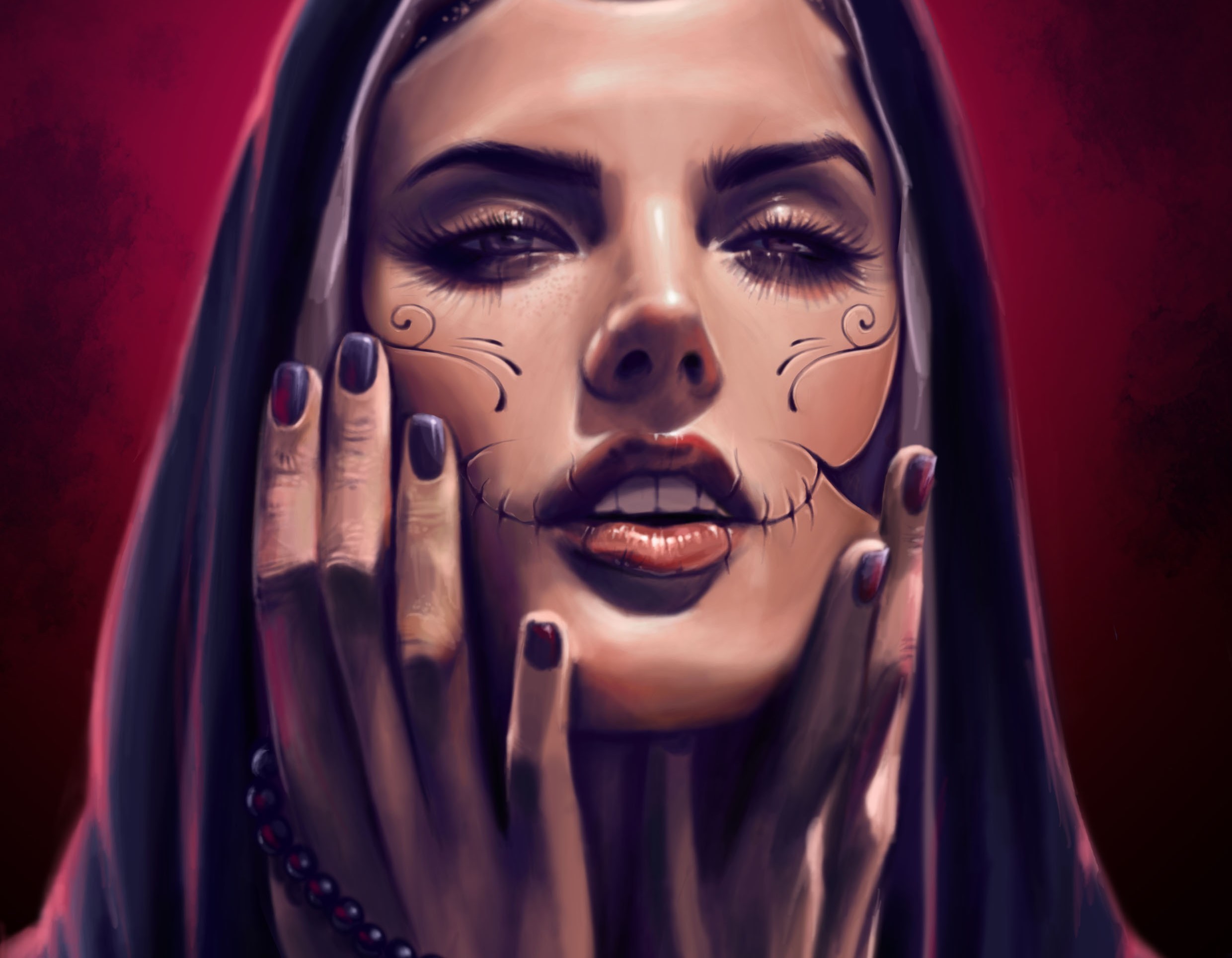General 2480x1929 artwork fantasy art fantasy girl face women painted nails looking at viewer red lipstick makeup hands