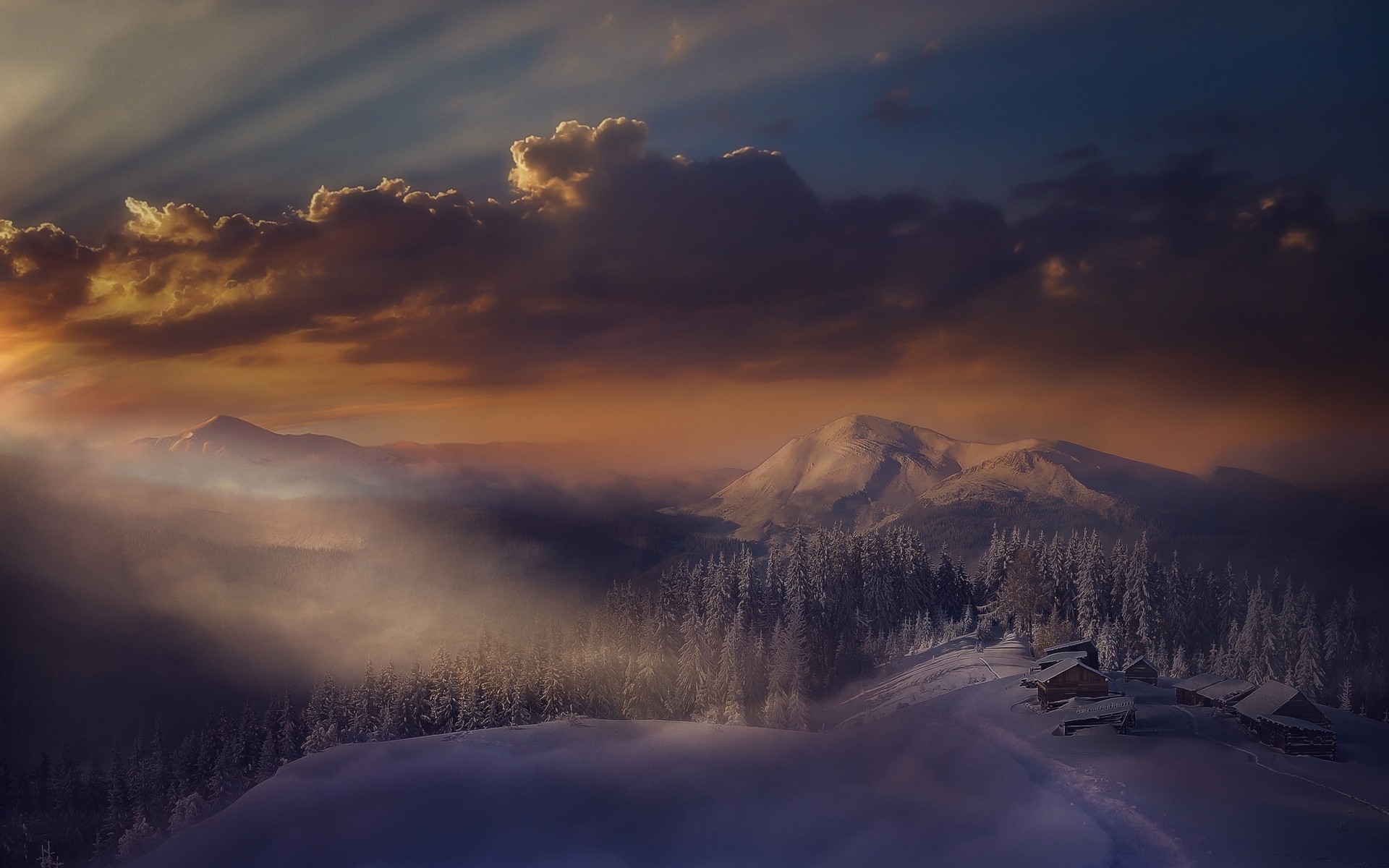 General 1920x1200 landscape nature sunset winter mist Alps mountains cabin Italy sky sunlight forest snow clouds snowy peak snowy mountain low light