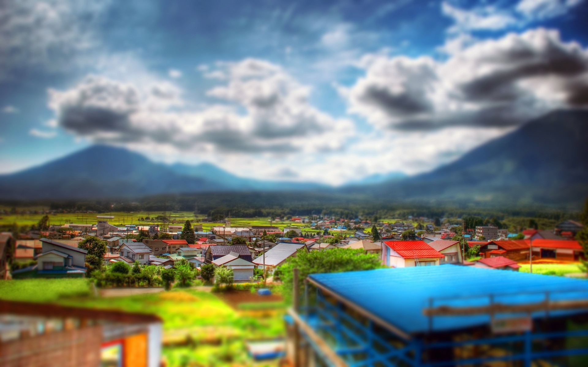General 1920x1200 photography tilt shift town valley Japan Asia clouds house