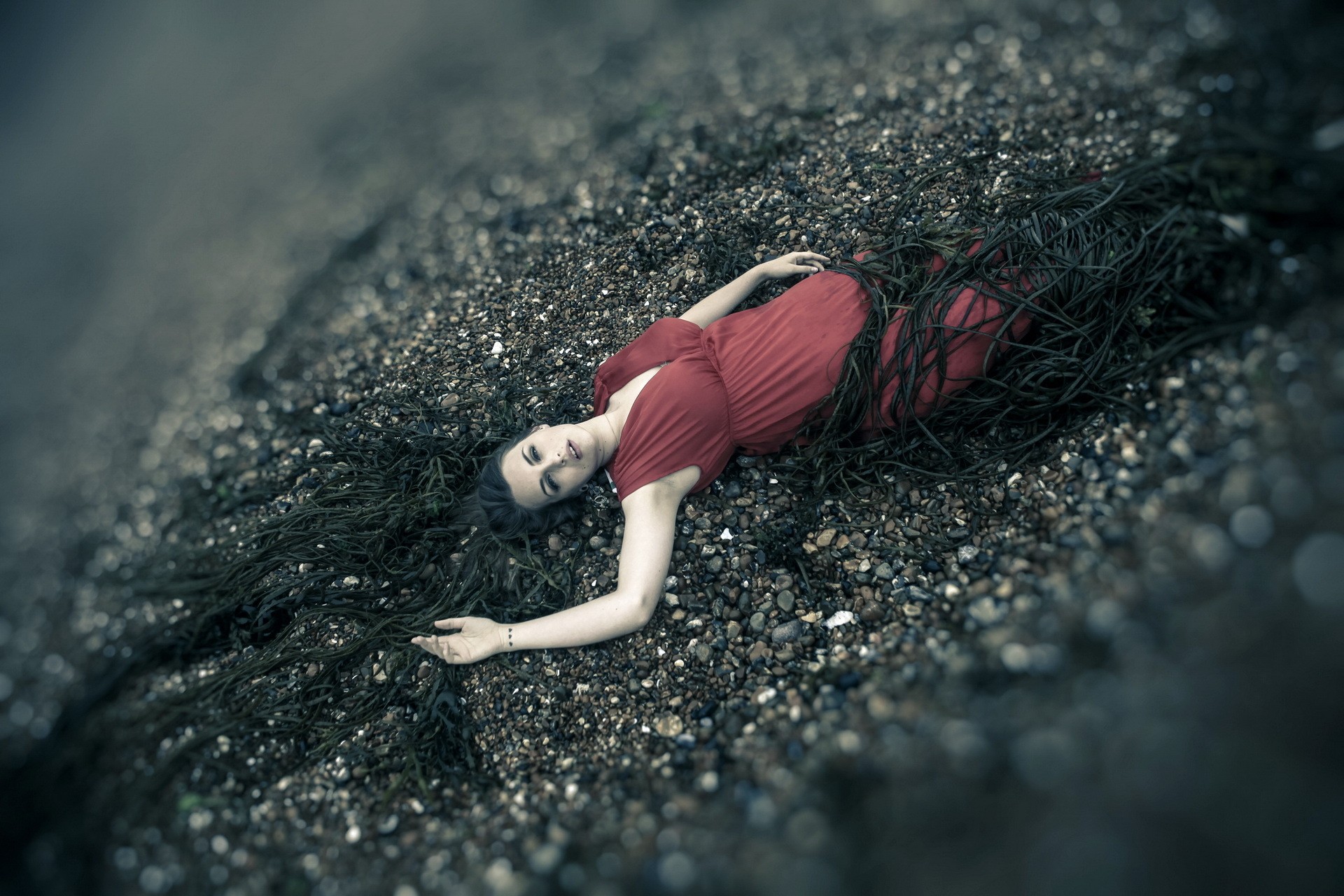 People 1920x1280 women model tilt shift red dress long hair lying down armpits red clothing dress nature stones lying on back looking at viewer pebbles