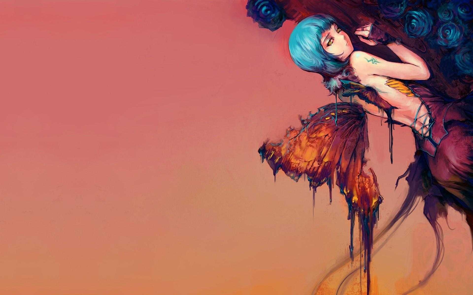 General 1920x1200 butterfly fantasy art fantasy girl simple background blue hair gradient inked girls