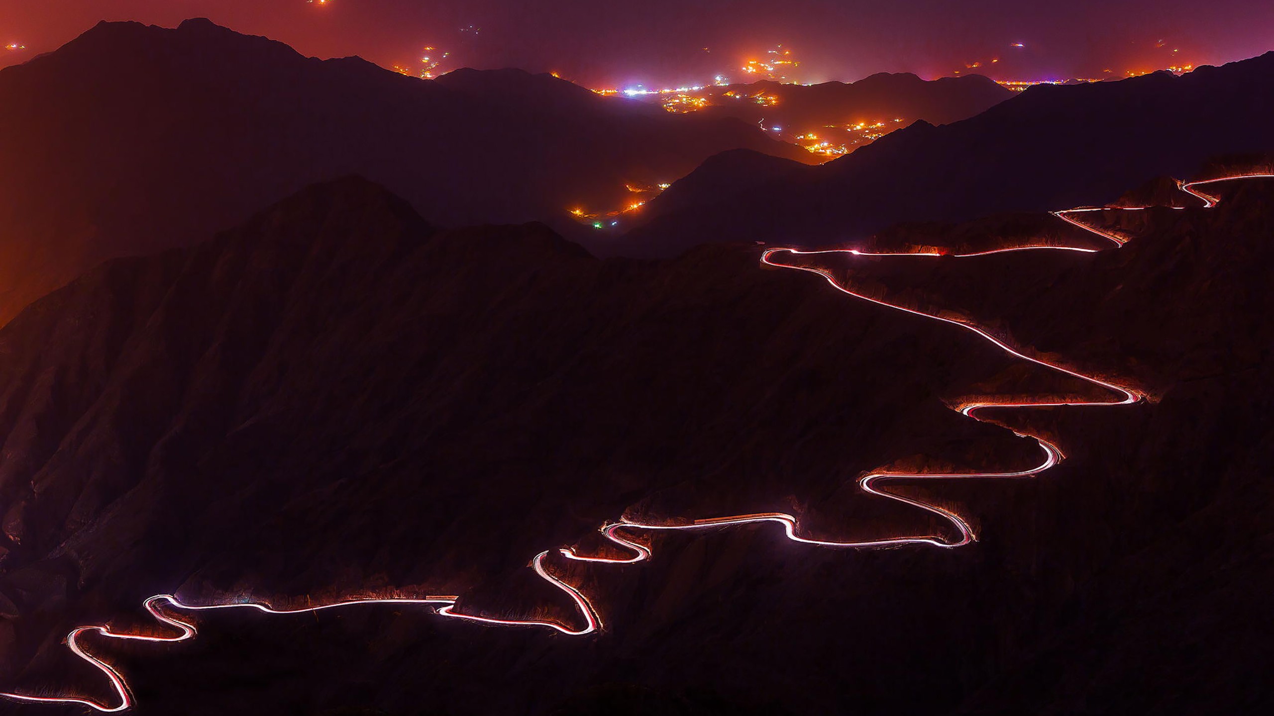 General 2560x1440 long exposure landscape light trails hairpin turns city lights red night path mist road mountains nature low light