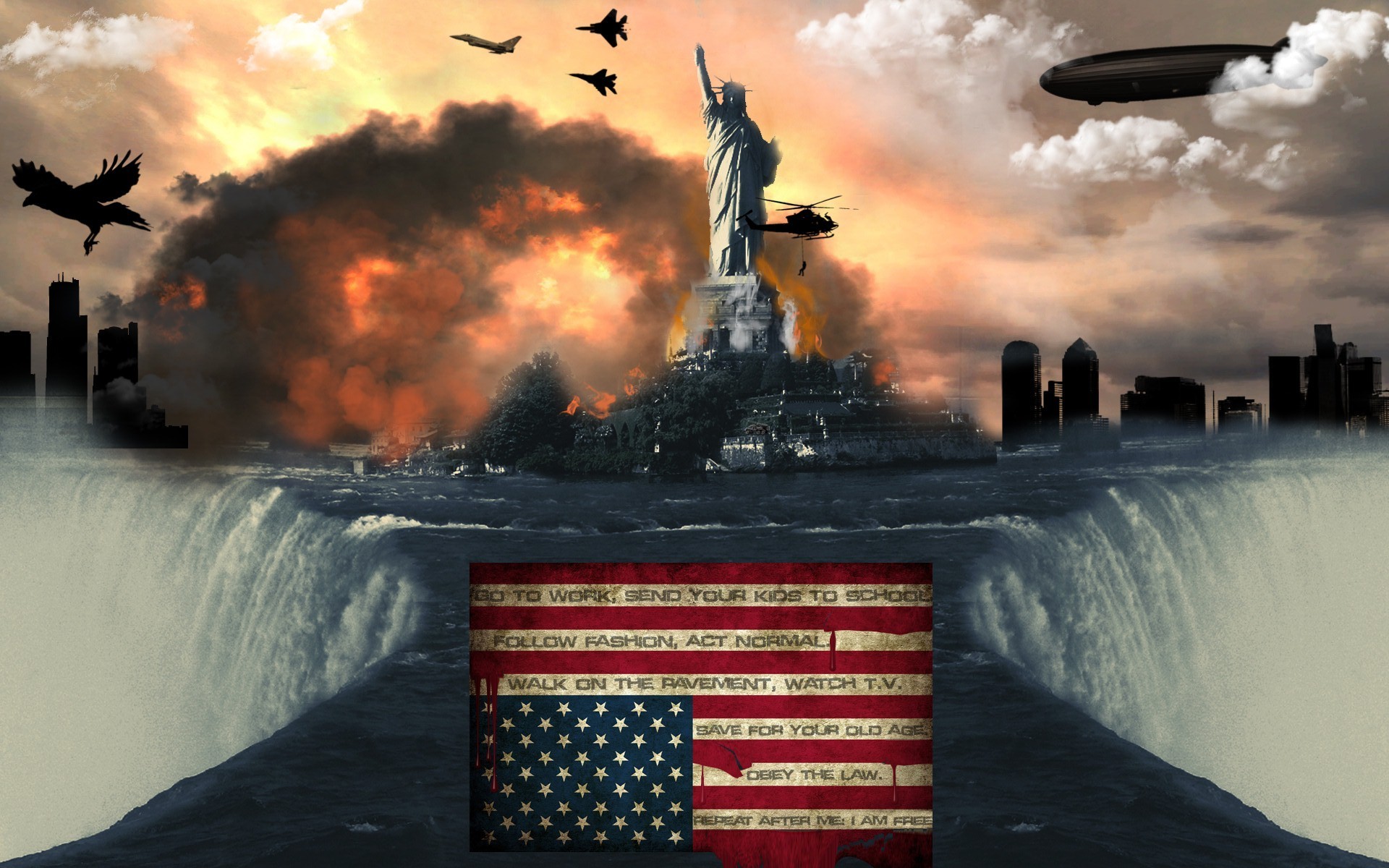 General 1920x1200 Statue of Liberty American flag explosion waterfall USA digital art
