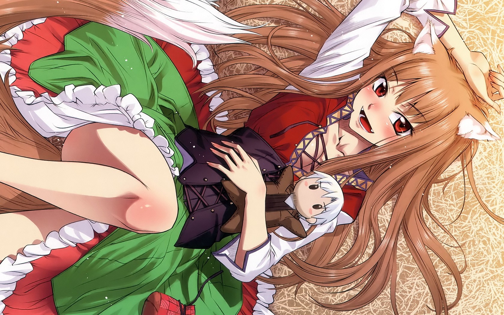 Anime 1680x1050 Holo (Spice and Wolf) Spice and Wolf wolf girls anime girls Koume Keito anime fantasy art fantasy girl animal ears red eyes dress long hair