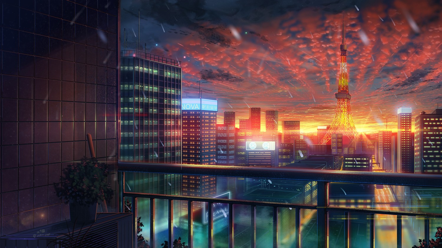 Anime 1500x844 Tokyo Tokyo Tower sunset Asia cityscape anime Pixiv sky orange sky balcony
