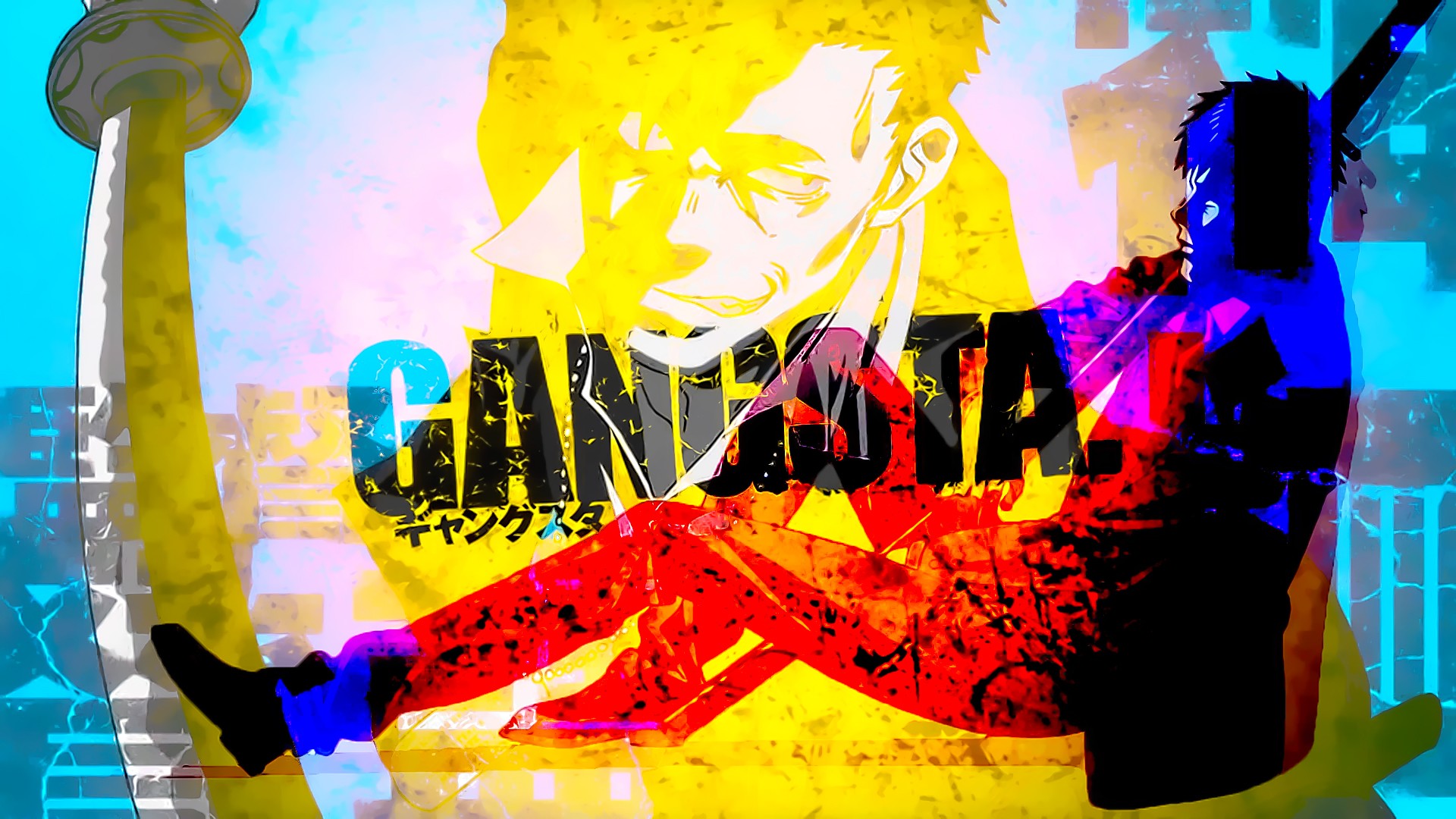 Anime 1920x1080 Gangsta Nicolas Brown anime yellow cyan colorful anime men sword weapon typography