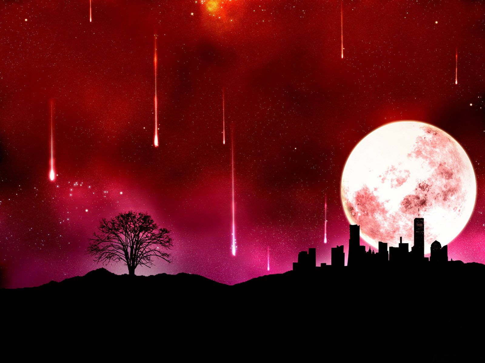 General 1600x1200 red shooting stars digital art cityscape Moon red background artwork trees stars sky