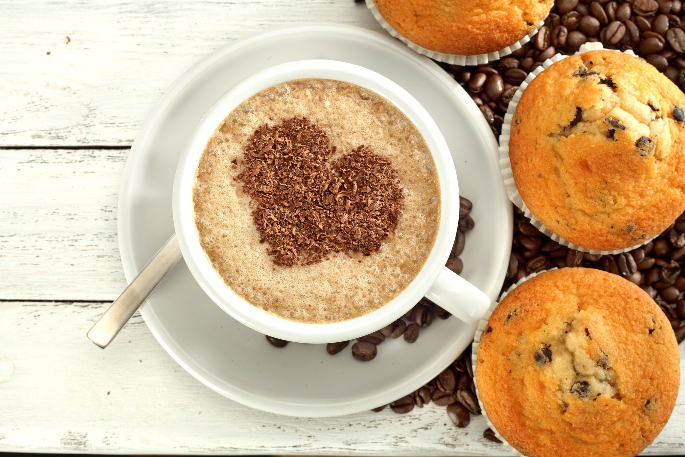 General 2200x1467 coffee muffins cup coffee beans Heart (Food) food sweets closeup top view
