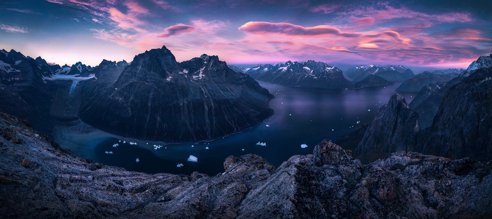 General 2048x912 nature landscape sunset mountains panorama fjord clouds sky ice rocks Greenland nordic landscapes