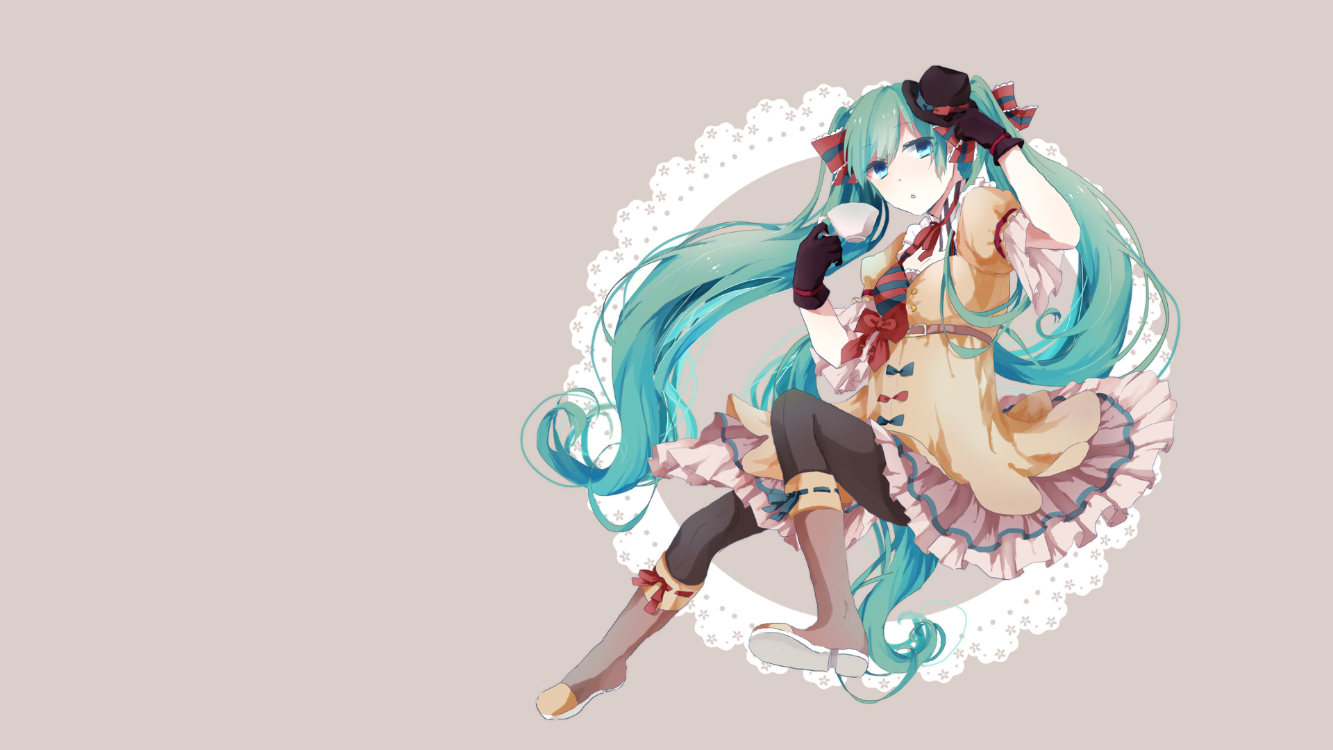 Anime 1920x1080 Hatsune Miku Vocaloid anime anime girls long hair turquoise hair simple background hat legs beige background women with hats blue eyes
