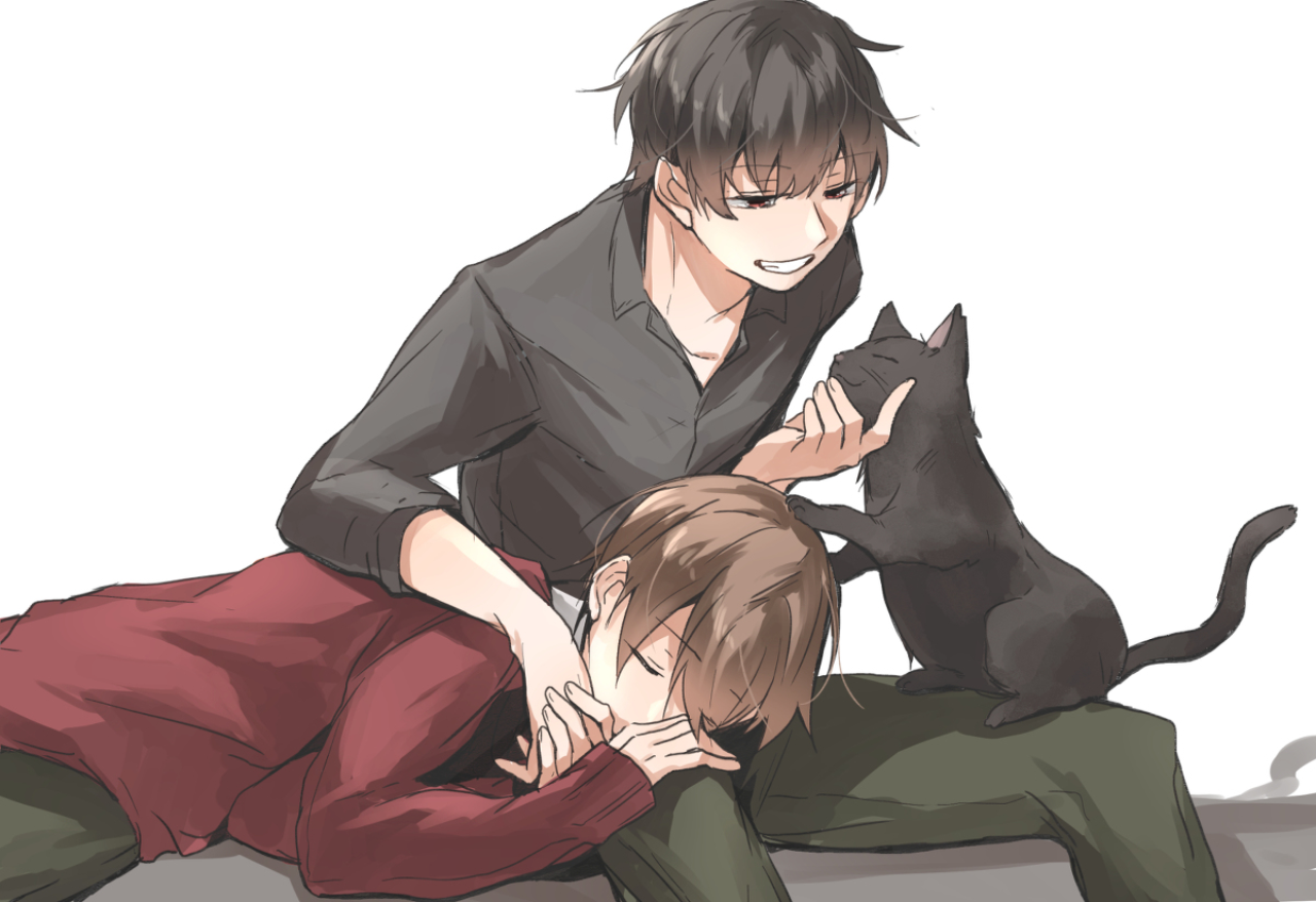 Anime 1280x878 Yaoi anime anime boys cats black hair brunette sleeping men