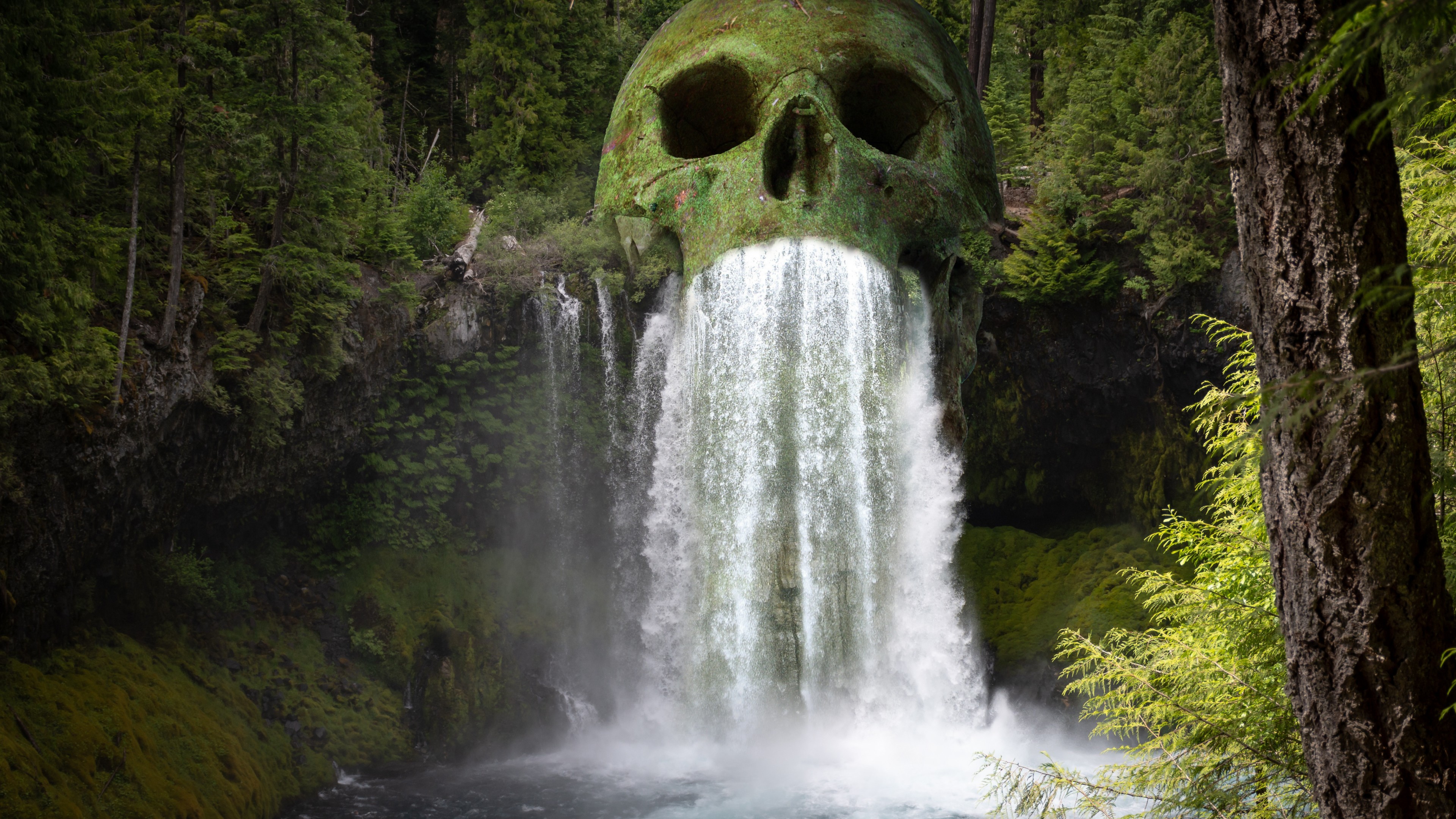 General 3840x2160 skull waterfall nature water green forest creepy surreal digital art