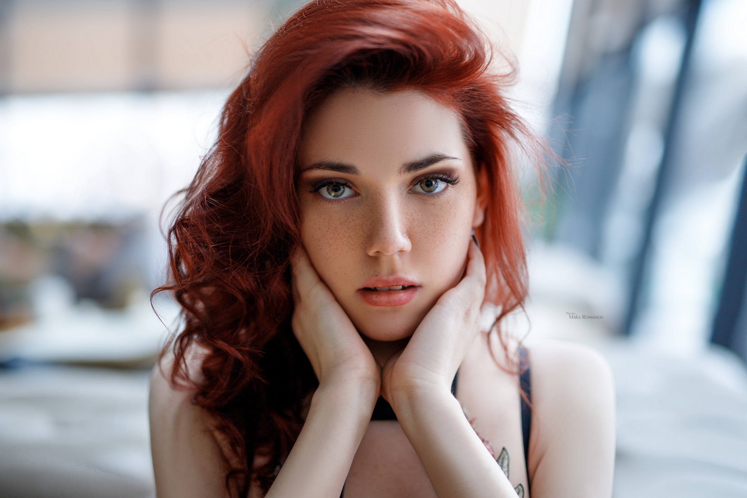 People 2560x1707 women model redhead long hair looking at viewer freckles touching face face portrait depth of field indoors women indoors Maxim Romanov pierced nose closeup Apollinaria Eliseeva