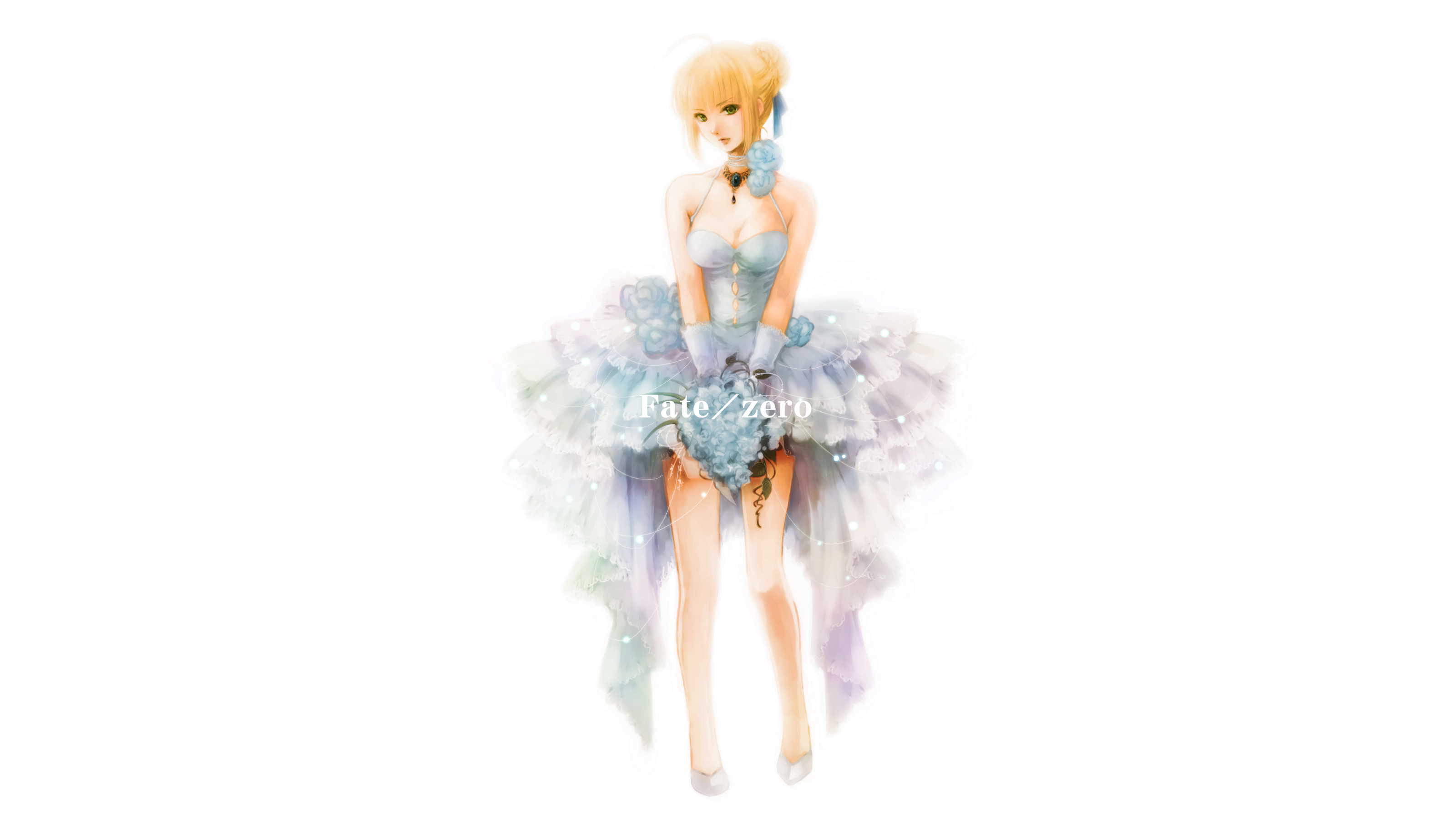 Anime 3200x1800 anime girls simple background anime Fate series Fate/Zero Saber short hair dress cleavage gloves blonde wedding dress flowers jewelry green eyes