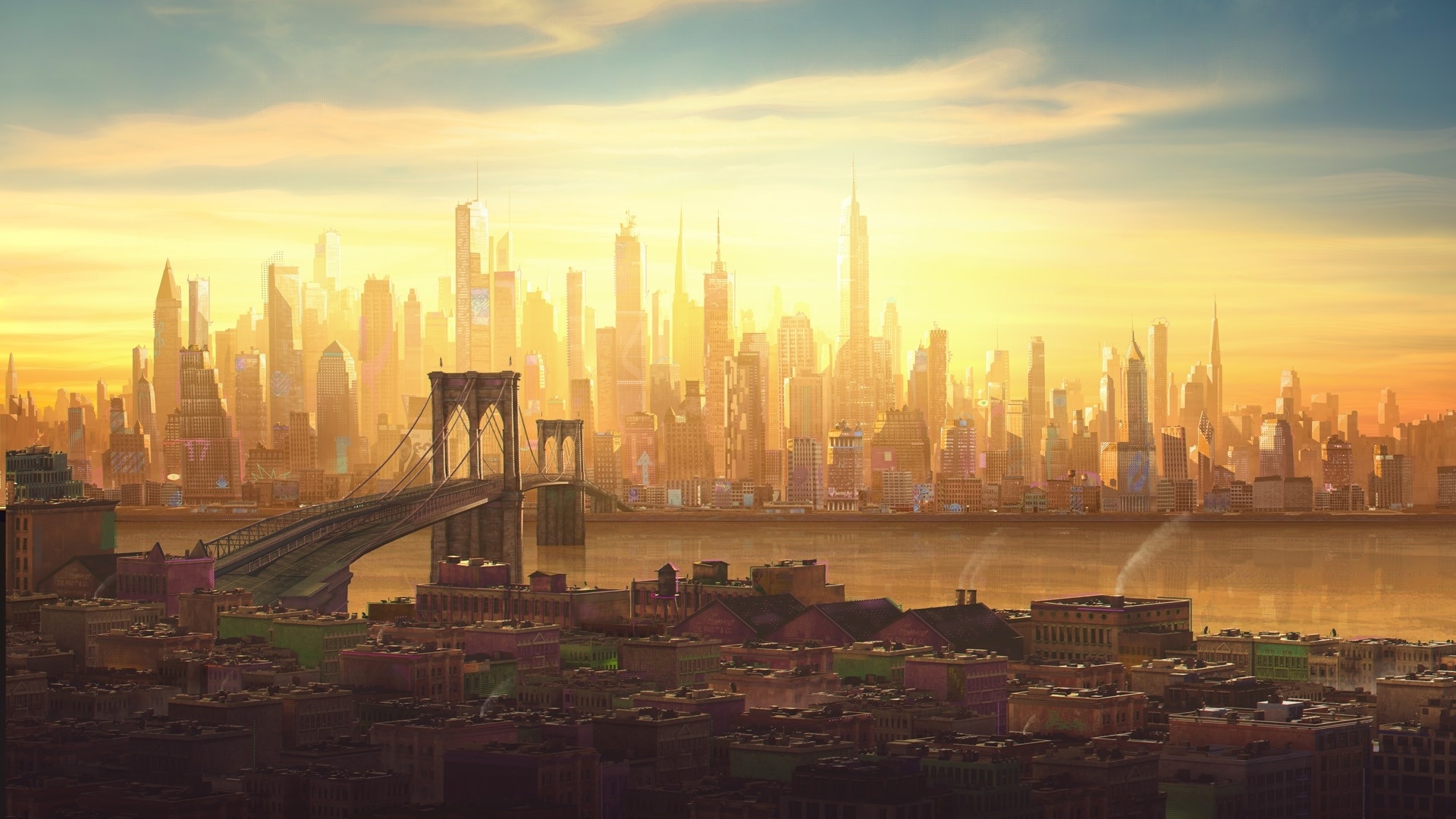 General 1920x1080 Spider-Man: Into the Spider-Verse cityscape architecture movies skyline New York City Brooklyn Bridge sunlight sky