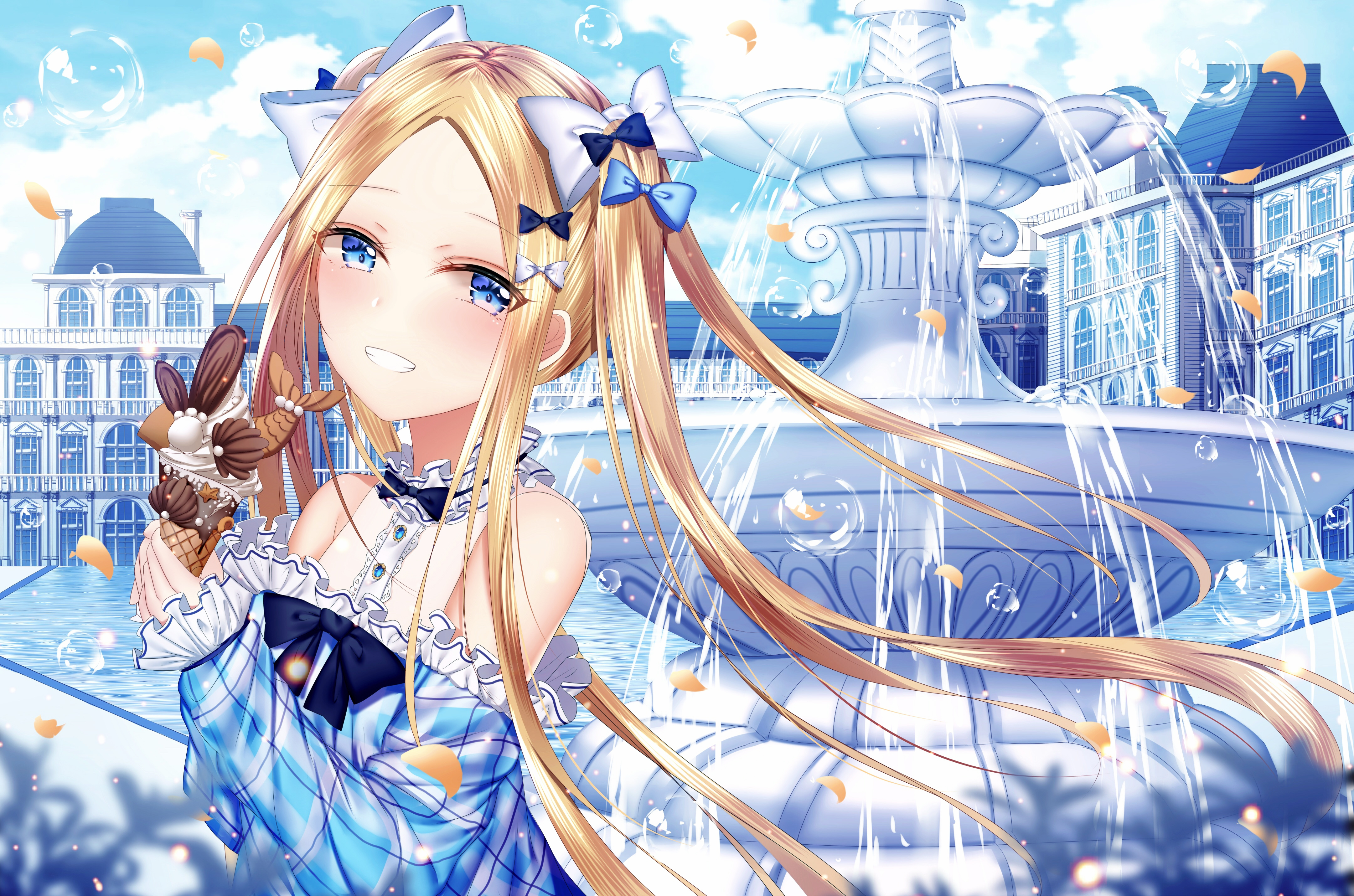 Anime 4324x2862 Abigail Williams (Fate/Grand Order) Fate/Grand Order Fate series anime girls women blonde long hair twintails hair bows hair ornament blue eyes looking at viewer smiling clenched teeth dress bare shoulders ice cream petals bubbles fountain water architecture portrait bokeh fan art artwork drawing illustration digital art 2D Junpaku Karen blushing anime